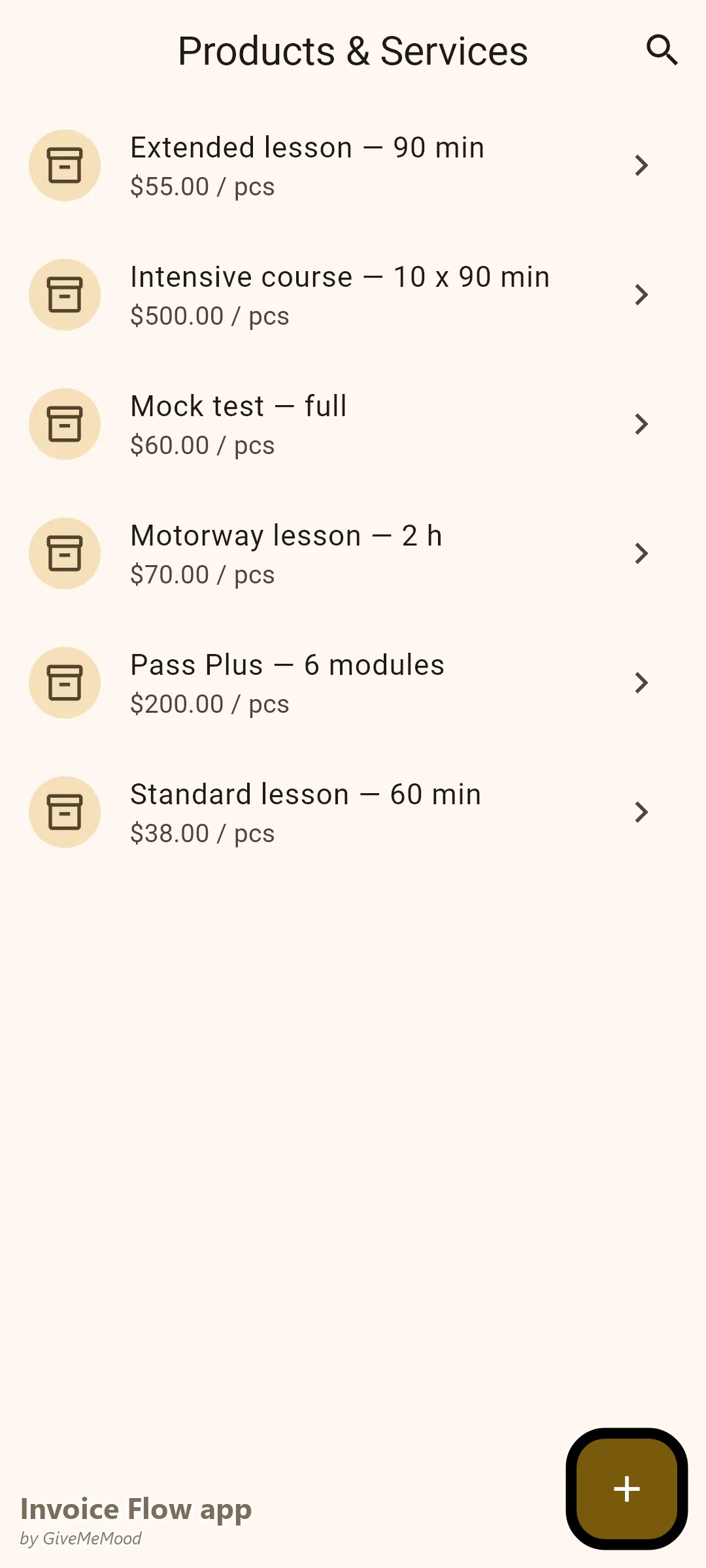 Invoice Flow app products screen of a driving school — standard and extended lessons, an intensive course, motorway lessons, mock tests and Pass Plus