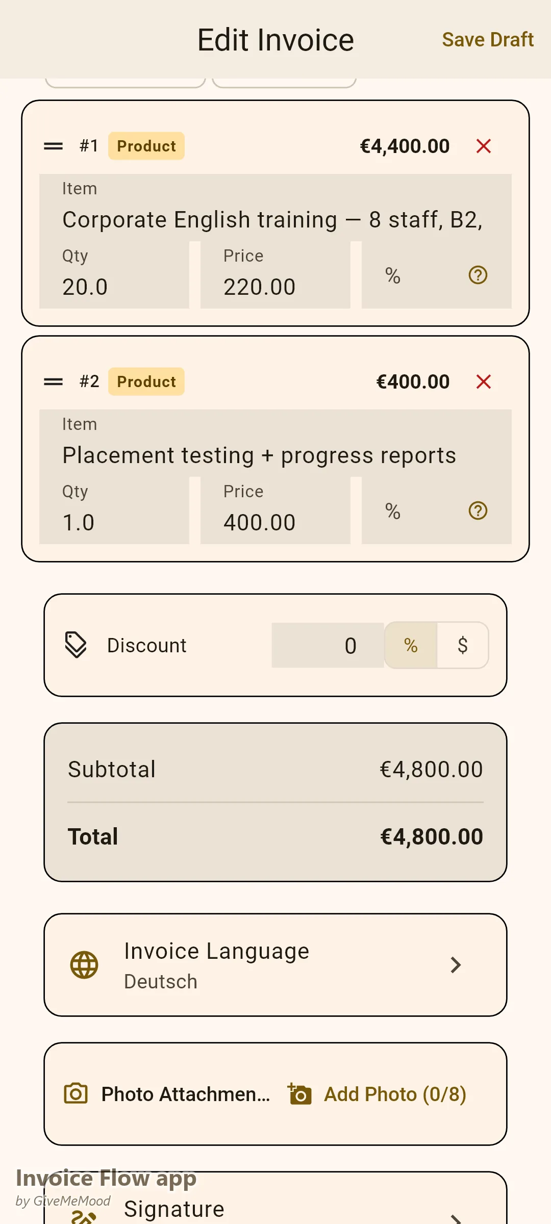 Invoice Flow app invoice editor of a language teacher — a 20-session corporate English program for 8 staff plus placement testing, billed in EUR with program reference and level