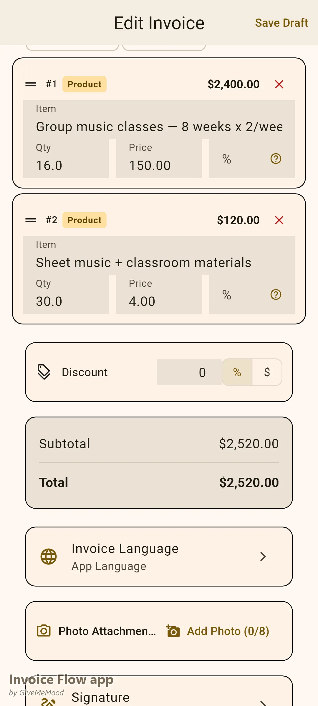 Invoice Flow app invoice editor of a music teacher — 8 weeks of group classes and classroom materials for 30 students with education reference in custom fields