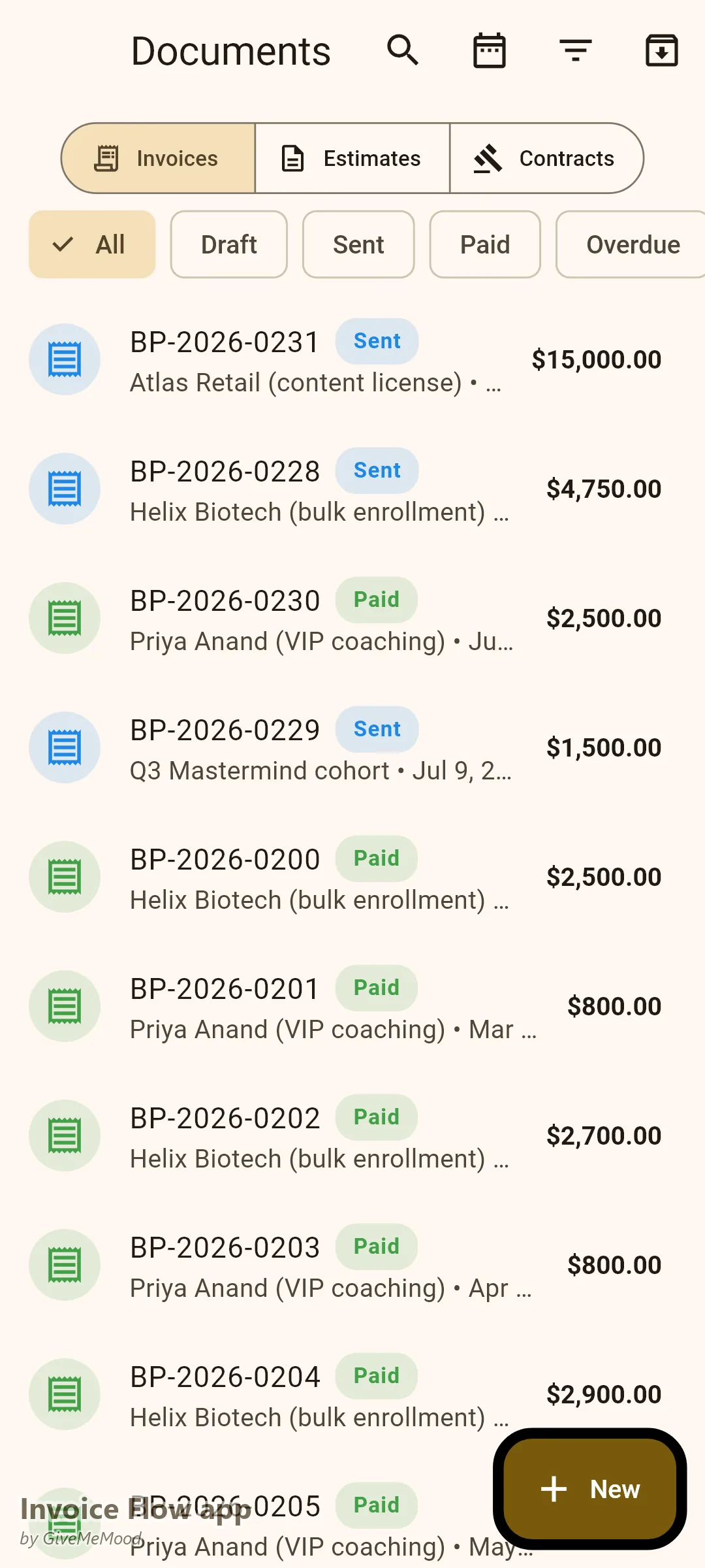 Invoice Flow app documents of a course creator — a content license, a corporate bulk enrollment, a paid VIP coaching day and a live cohort enrollment