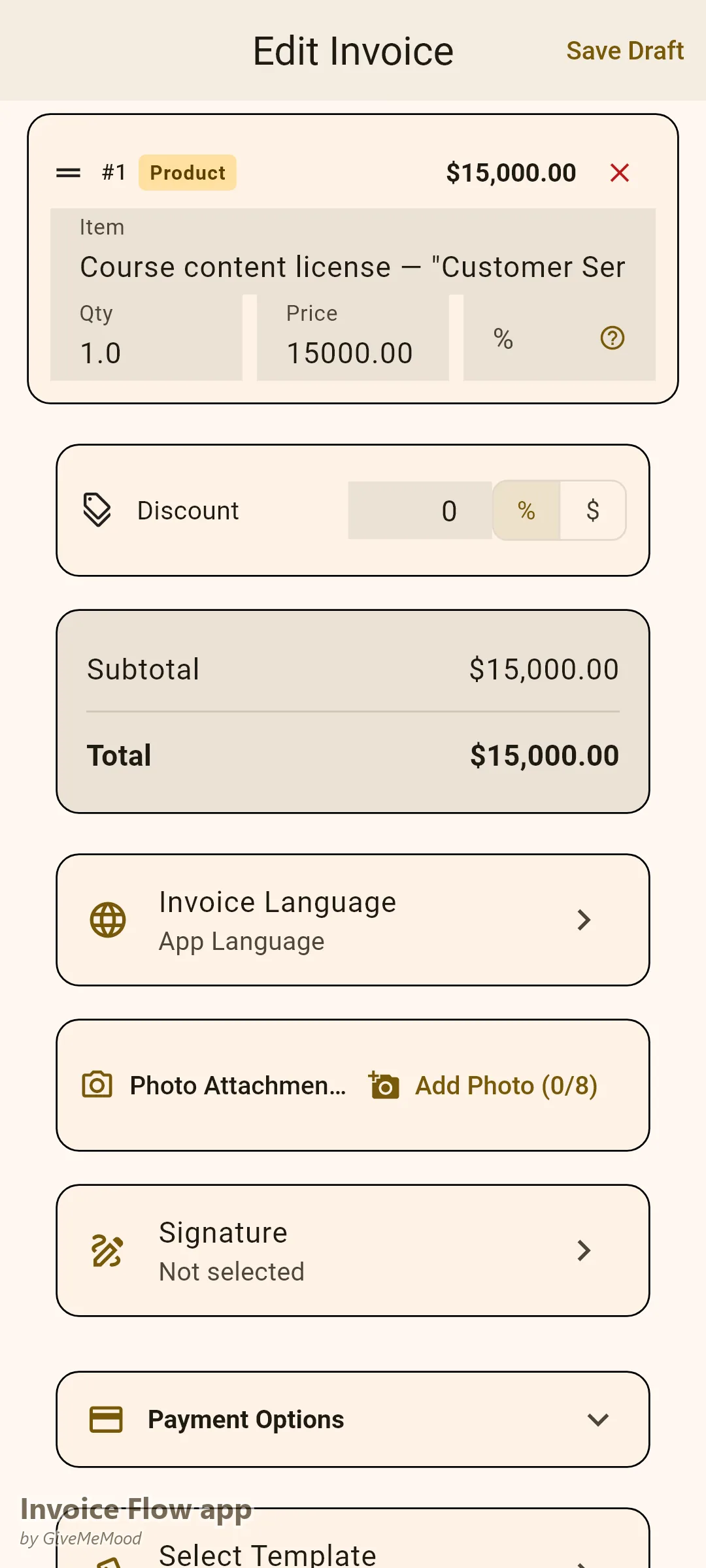 Invoice Flow app invoice editor of an online course creator — a perpetual internal-use content license for up to 500 employees with license scope and terms