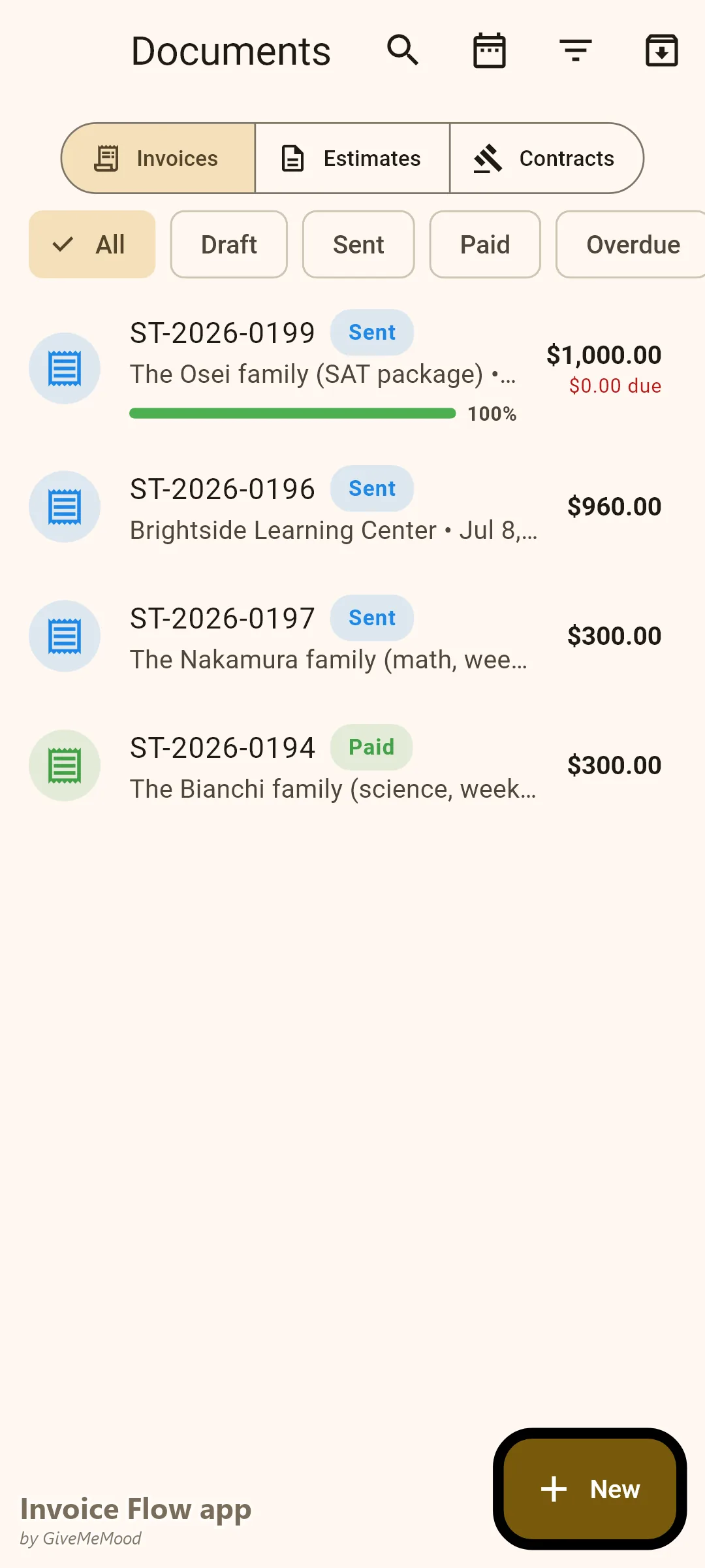 Invoice Flow app documents of a private tutor — a SAT package, an after-school math program with a PO number, a monthly math statement and a paid science block