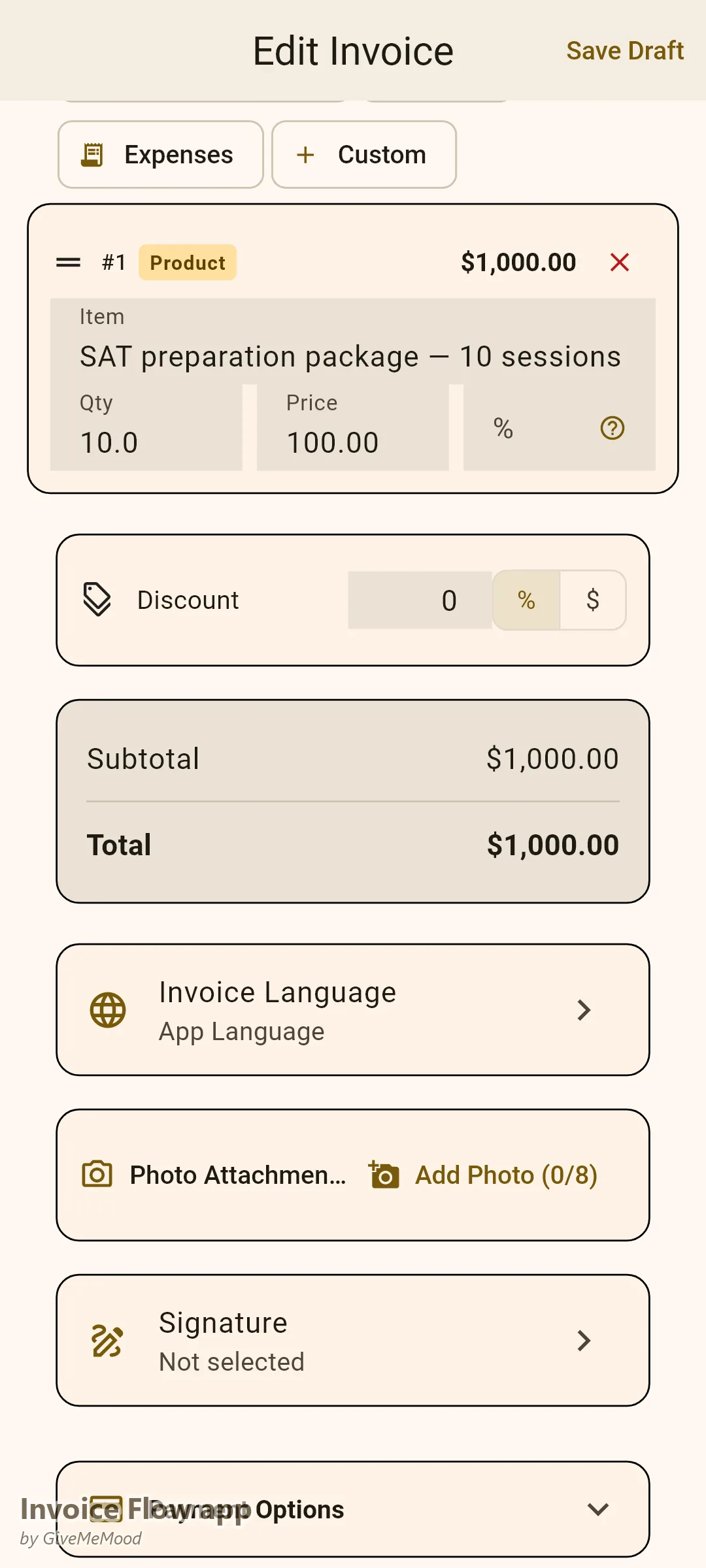 Invoice Flow app invoice editor of a private tutor — a 10-session SAT preparation package billed upfront with sessions logged and cancellation policy in custom fields