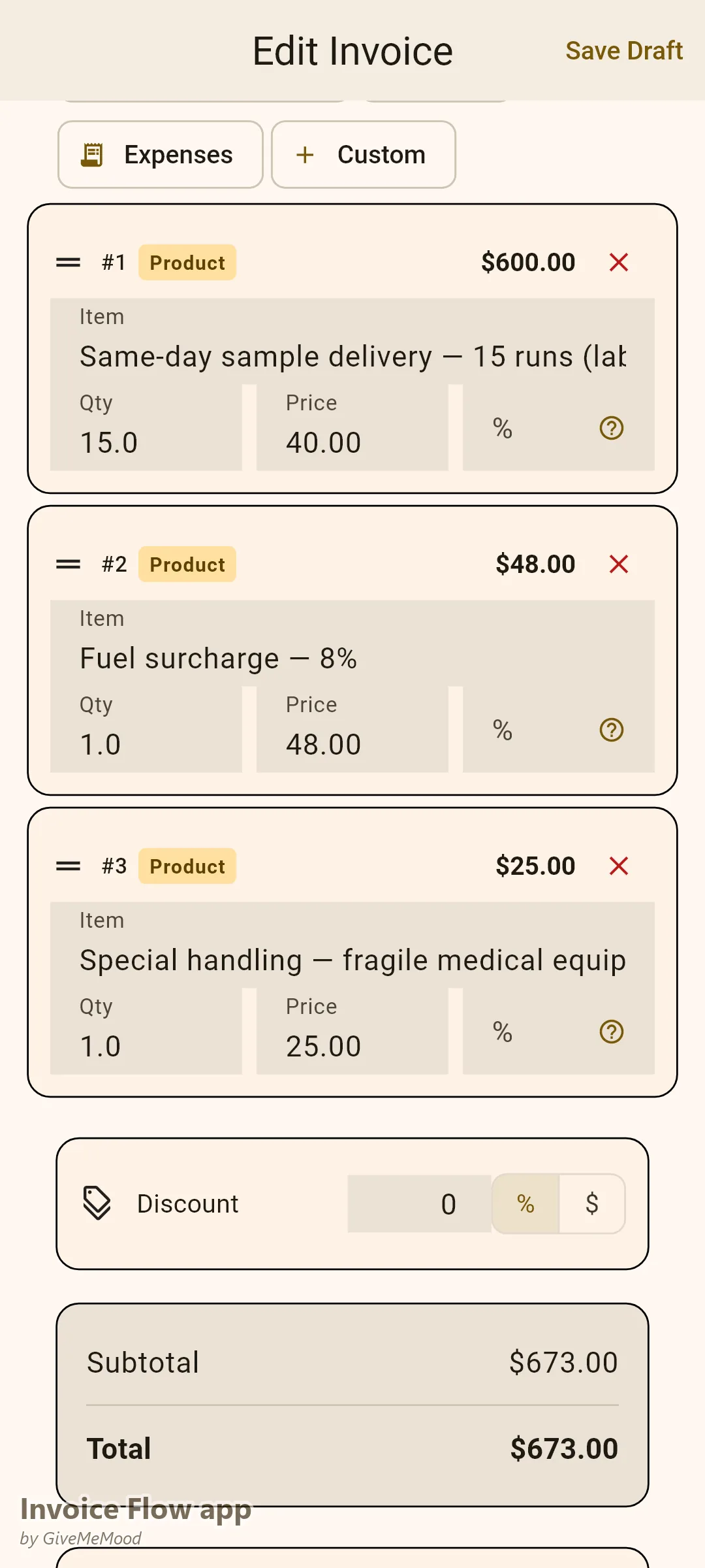 Invoice Flow app invoice editor of a courier service — a monthly medical-lab delivery account with fuel surcharge and special-handling line items and an account reference in custom fields