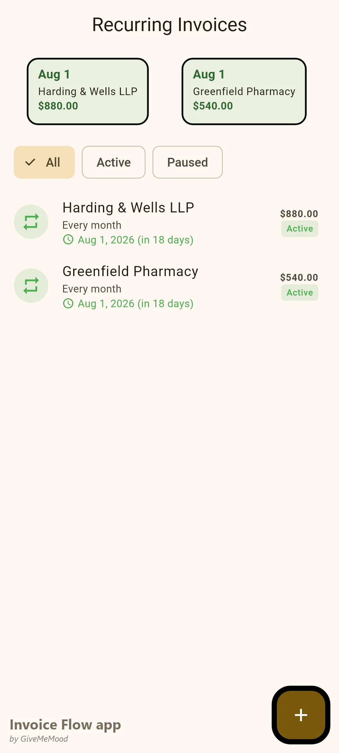 Invoice Flow app recurring invoices of a courier service — monthly law-firm document and pharmacy delivery accounts generating automatically