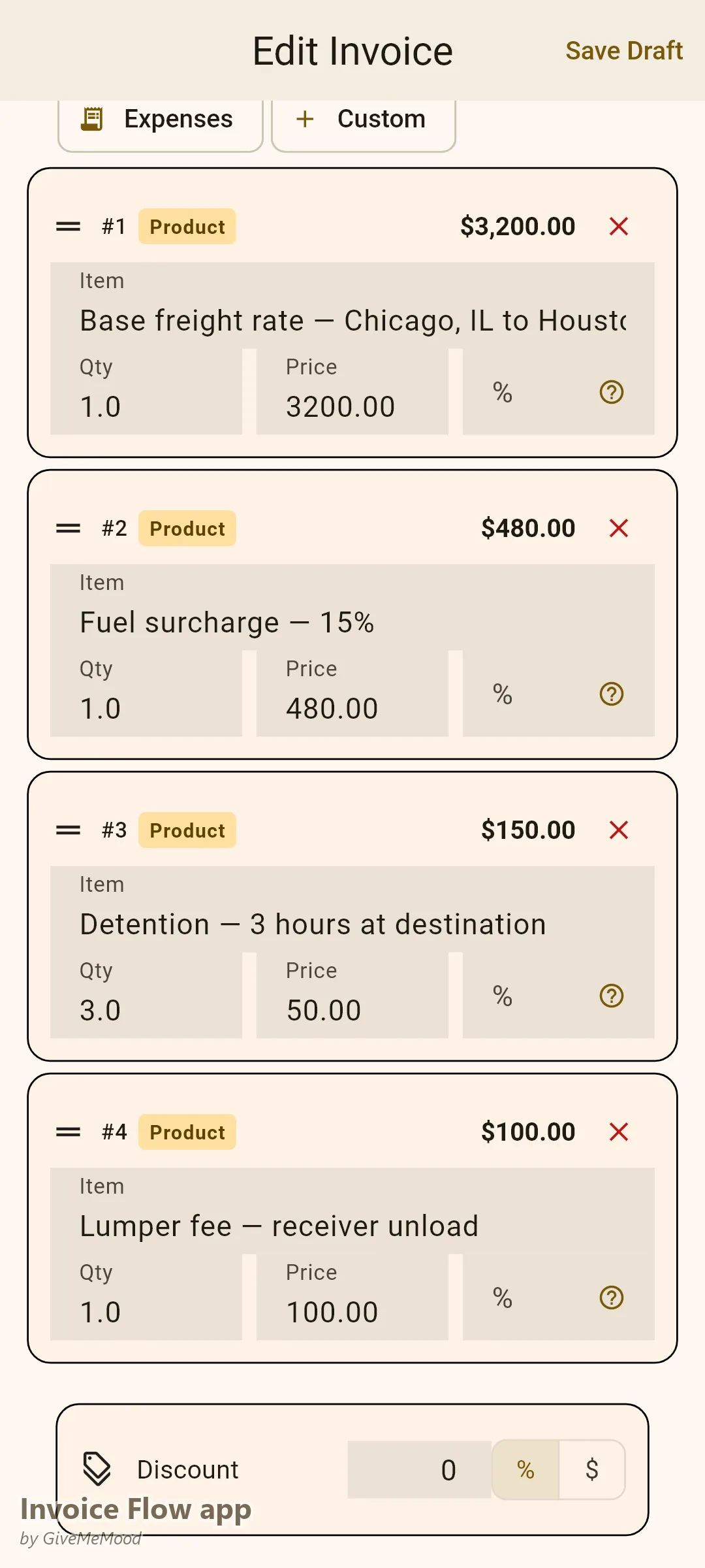 Invoice Flow app invoice editor of an independent trucker — a freight load with base rate, fuel surcharge, detention and lumper fee itemized, load number and BOL in custom fields