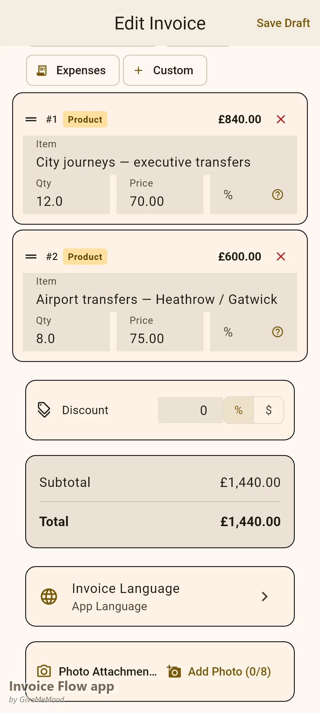 Invoice Flow app invoice editor of a private hire driver — a monthly corporate account with city journeys and airport transfers and a cost-centre reference in custom fields
