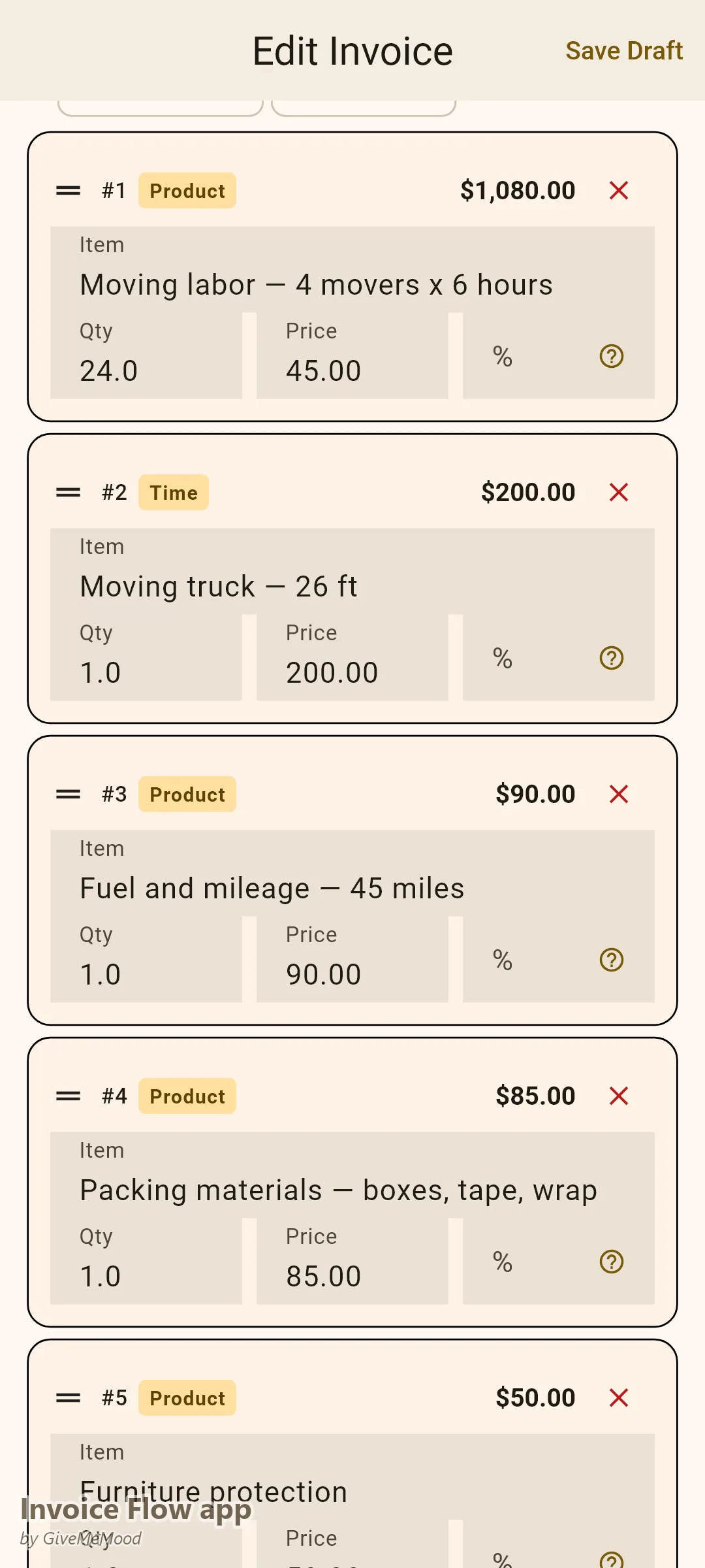 Invoice Flow app invoice editor of a moving company — an itemized residential move with labor, truck, mileage, packing materials and furniture protection and the booking deposit deducted