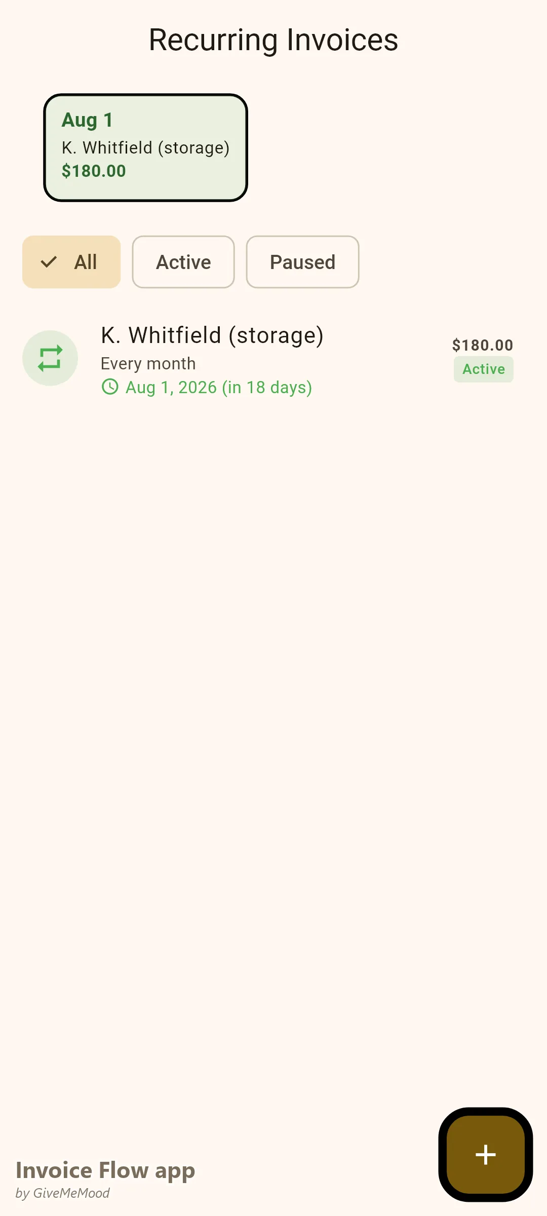 Invoice Flow app recurring invoices of a moving company — a monthly climate-controlled storage unit billed automatically after a move