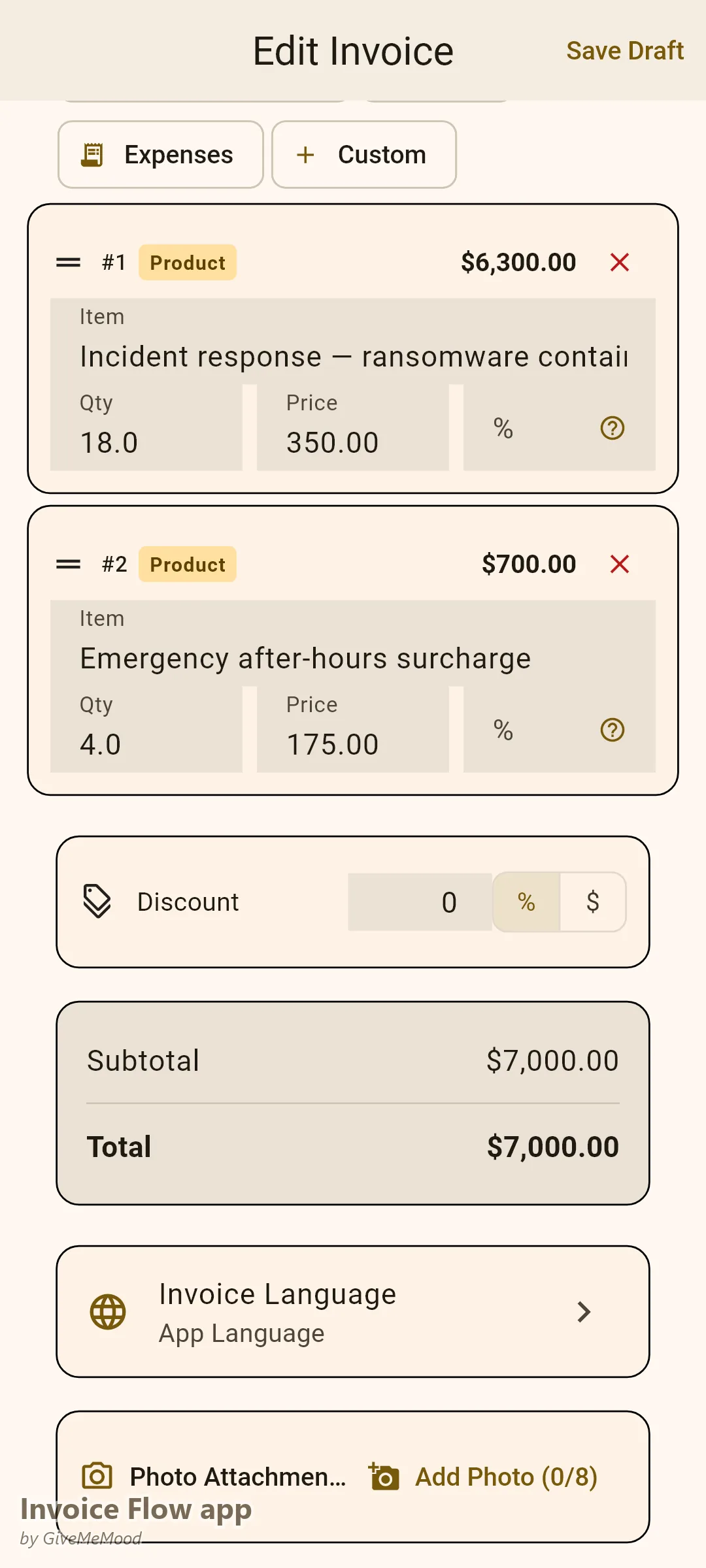 Invoice Flow app invoice editor of a cybersecurity consultant — a ransomware incident-response engagement billed by the hour with an after-hours surcharge and engagement and SOW references in custom fields