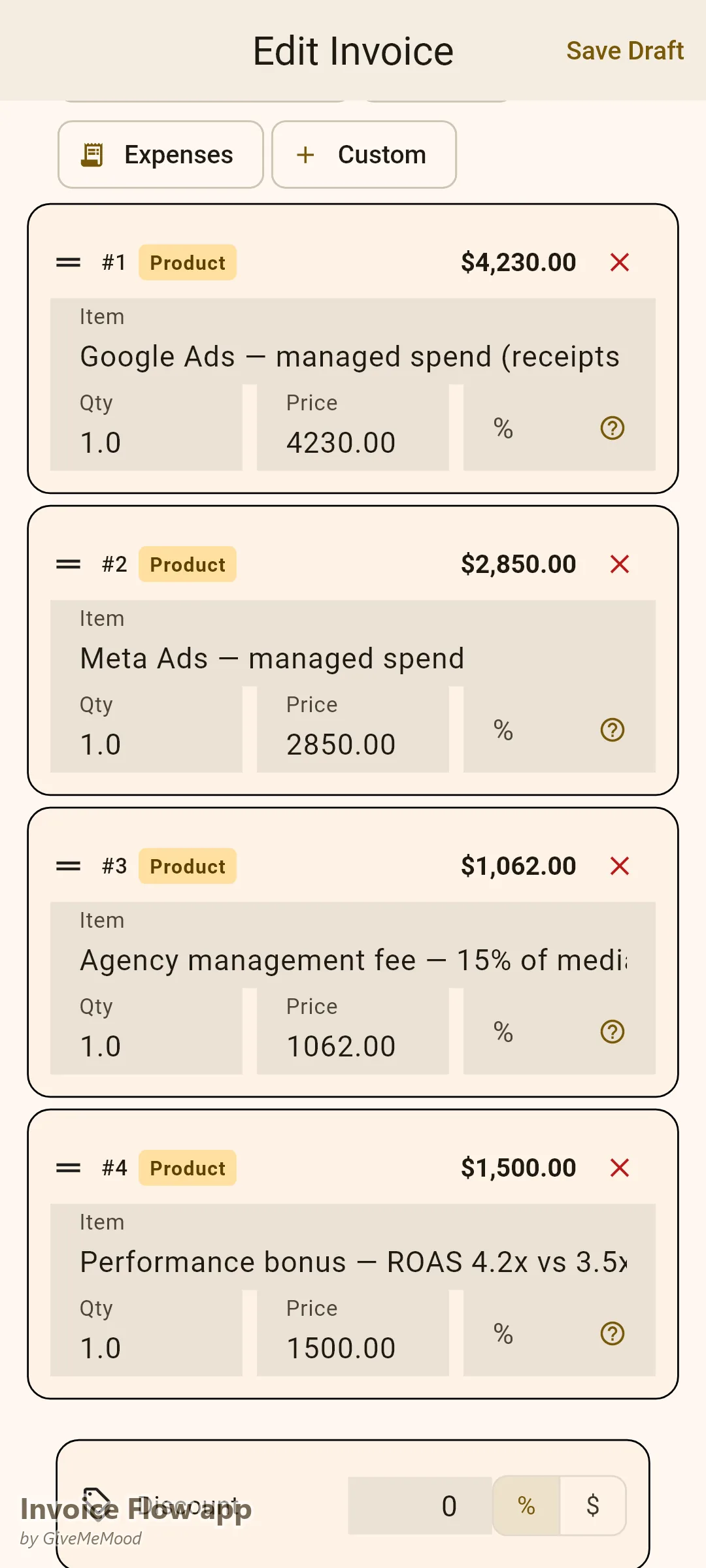 Invoice Flow app invoice editor of a digital marketing agency — Google and Meta ad spend passed through, a 15% management fee and a ROAS performance bonus as separate line items