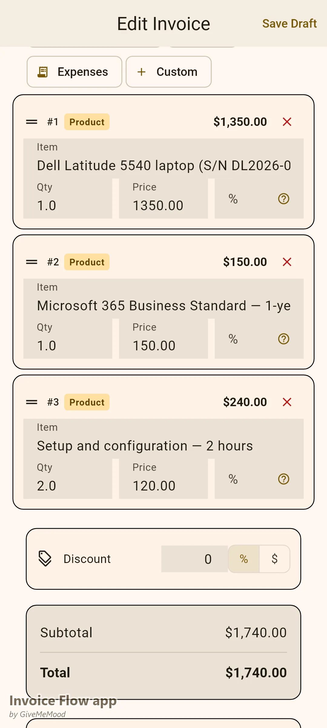 Invoice Flow app invoice editor of an IT support technician — a laptop, an Office 365 license and setup labor with serial number, license key and ticket number in custom fields