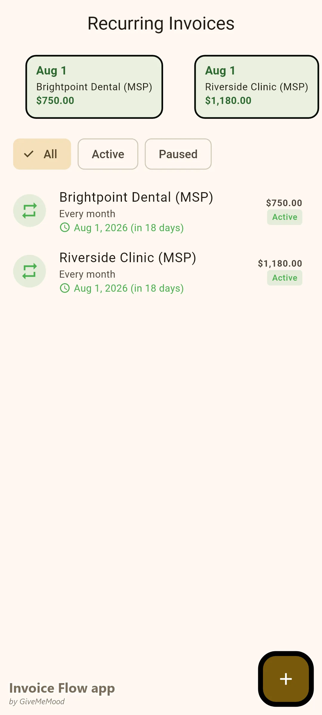 Invoice Flow app recurring invoices of an IT support company — monthly managed-service (MSP) retainers for workstations, monitoring and helpdesk
