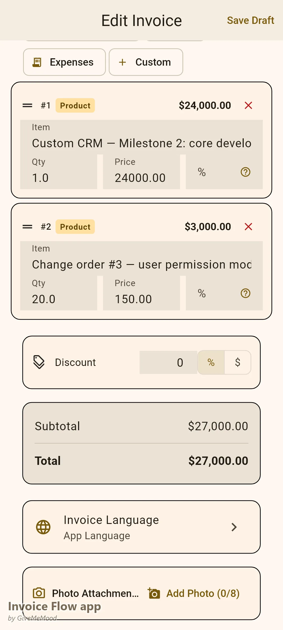 Invoice Flow app invoice editor of a software development agency — a custom-CRM milestone billed with a separate change-order line and project, sprint and SOW references in custom fields