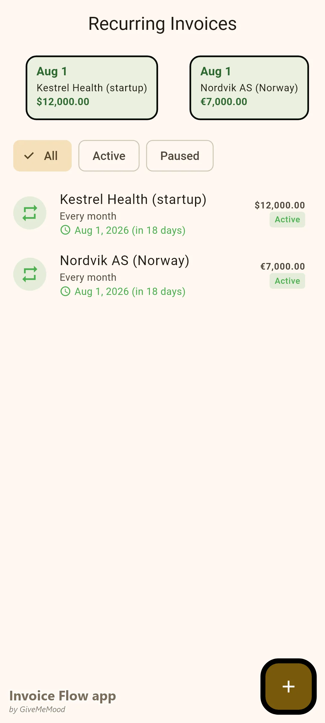 Invoice Flow app recurring invoices of a software agency — monthly development retainers in USD and EUR generating automatically