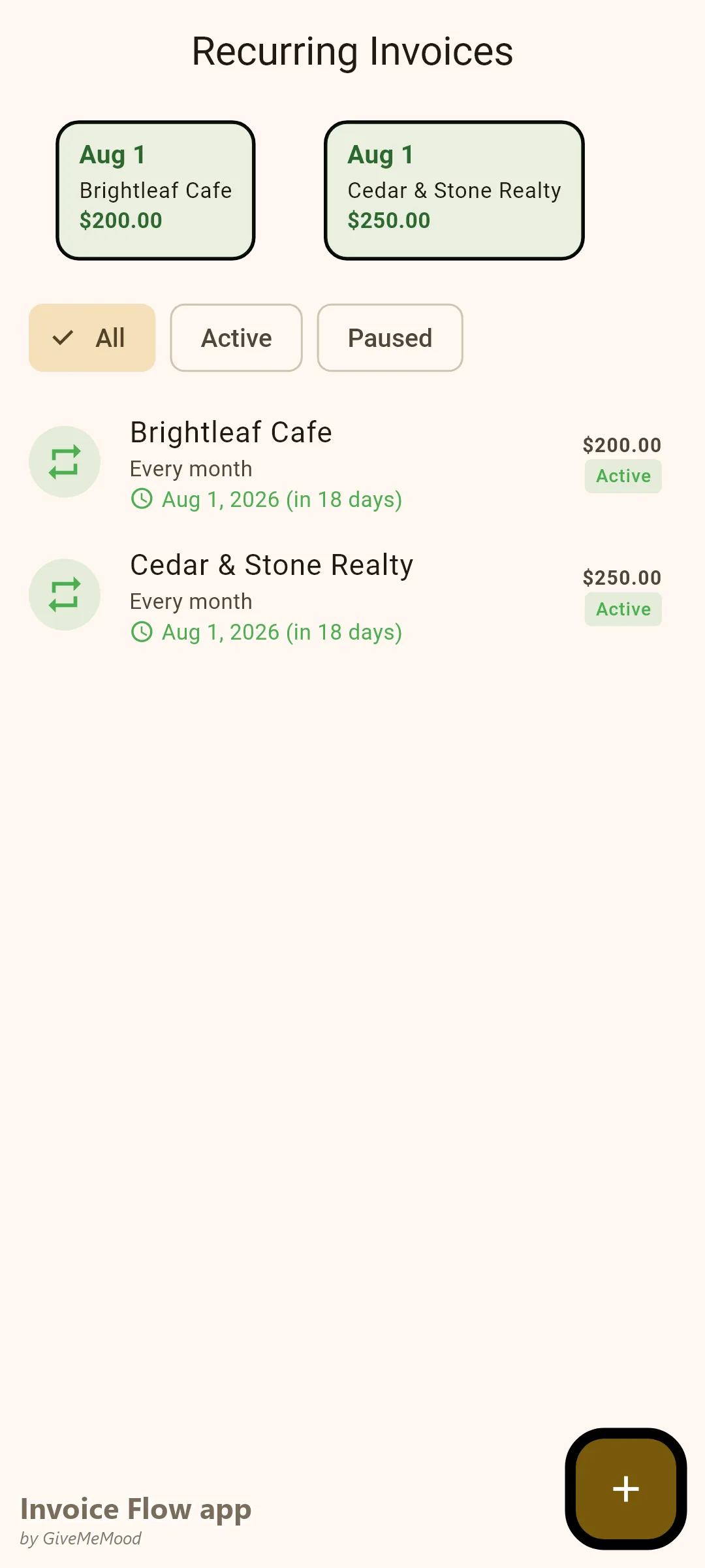 Invoice Flow app recurring invoices of a web design agency — monthly website maintenance plans covering updates, backups and security monitoring