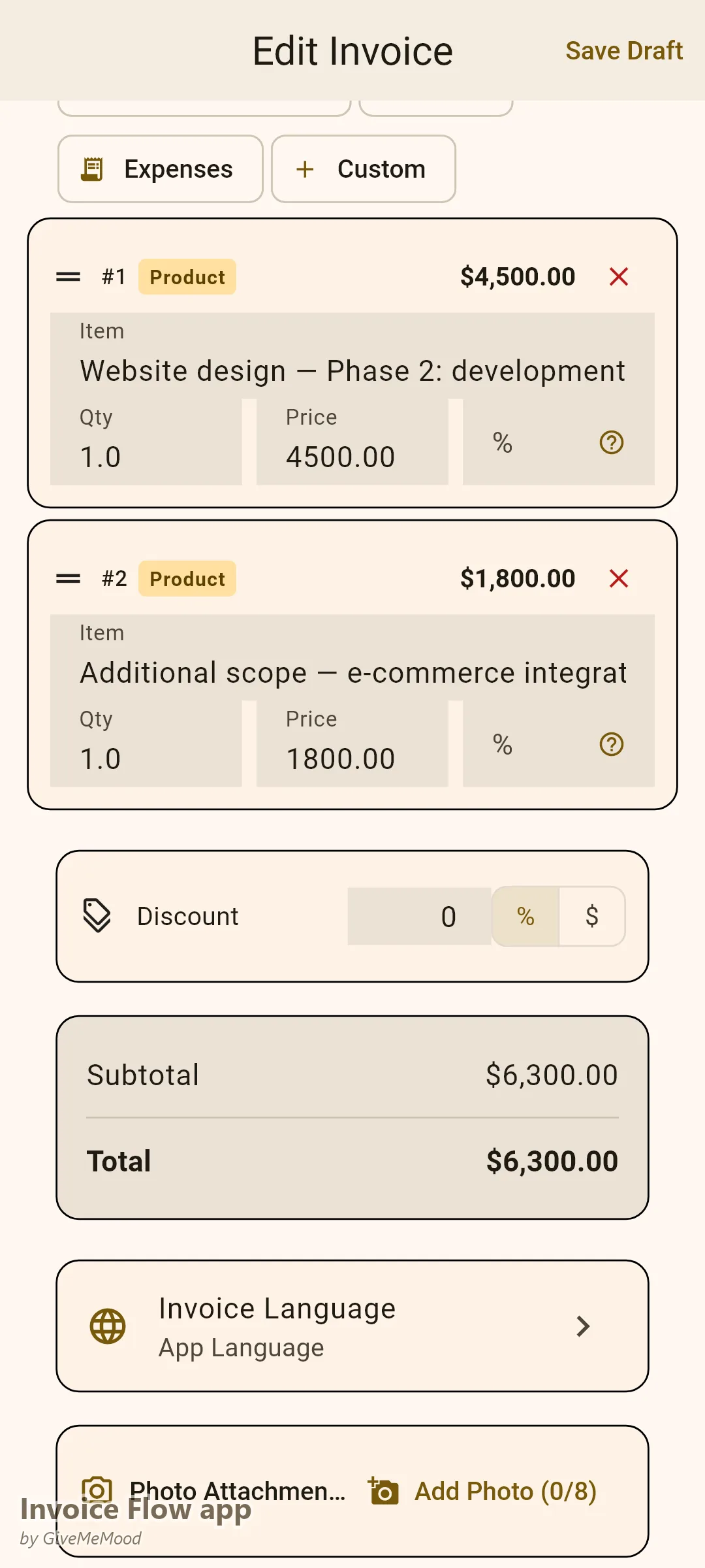 Invoice Flow app invoice editor of a web design agency — a development-phase invoice with an out-of-scope e-commerce integration as a separate line and project and domain references in custom fields