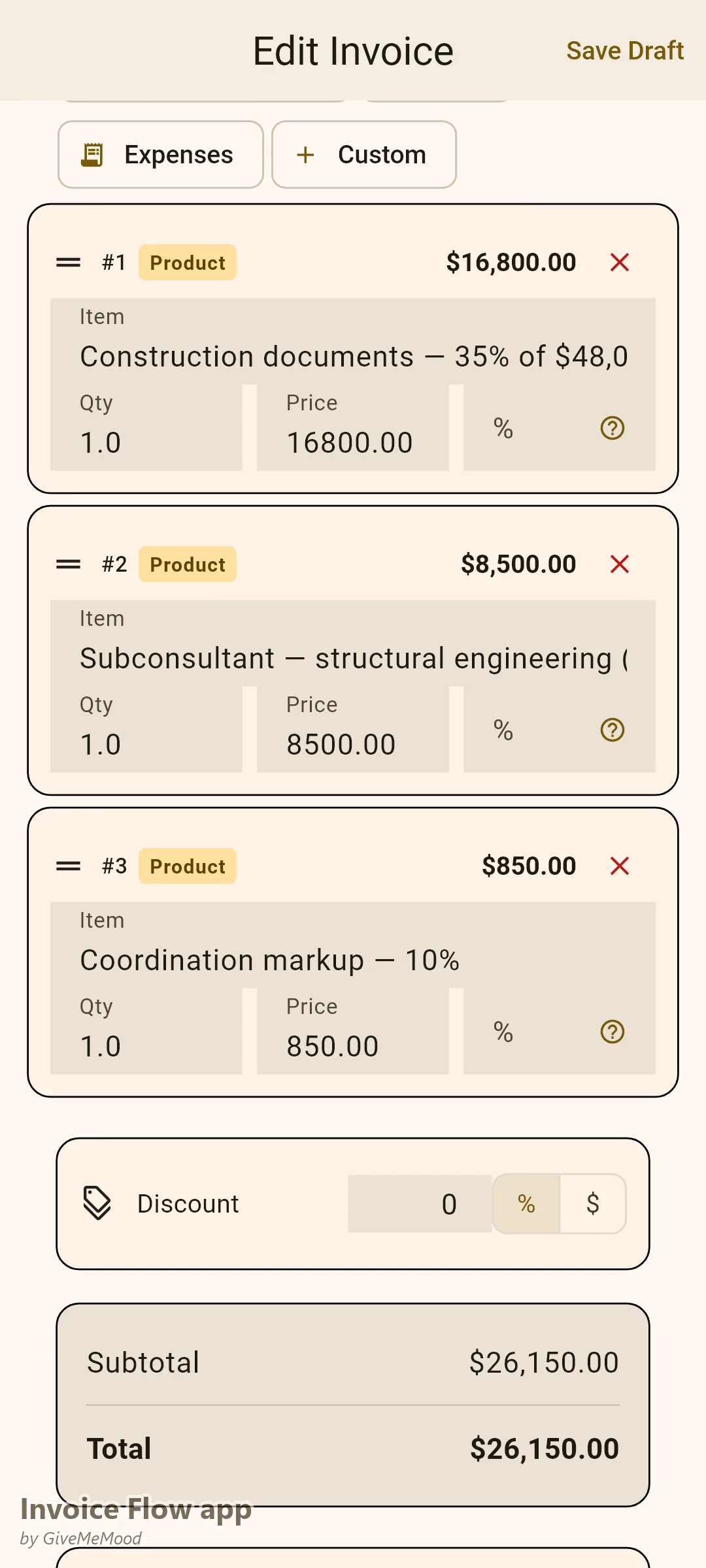 Invoice Flow app invoice editor of an architect — a construction-documents phase fee with a structural-engineer pass-through and a 10% coordination markup and project number, phase and permit in custom fields