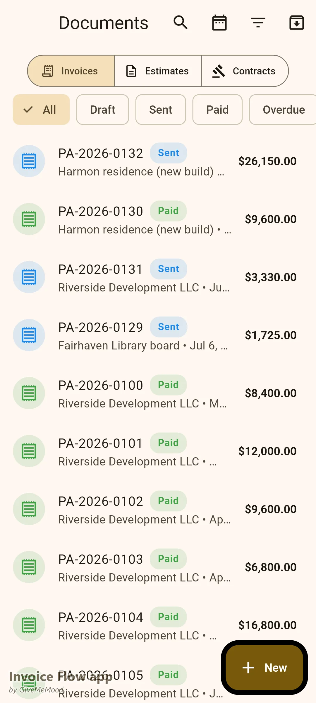Invoice Flow app documents of an architect — schematic and construction-document phase fees, an hourly construction-administration invoice and a reimbursables statement