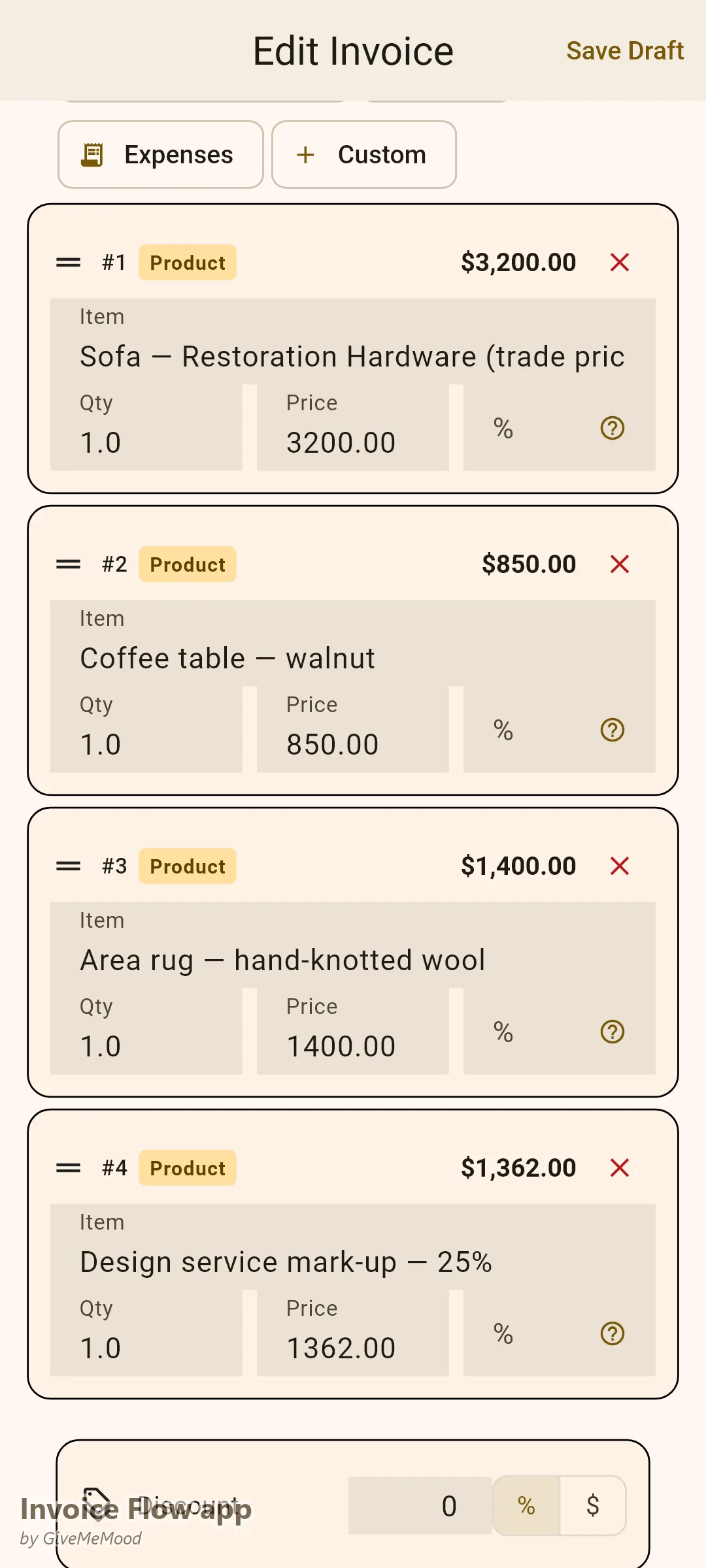 Invoice Flow app invoice editor of an interior designer — sofa, coffee table and rug at trade prices with a 25% design service mark-up shown as a separate line and project and trade-account references in custom fields