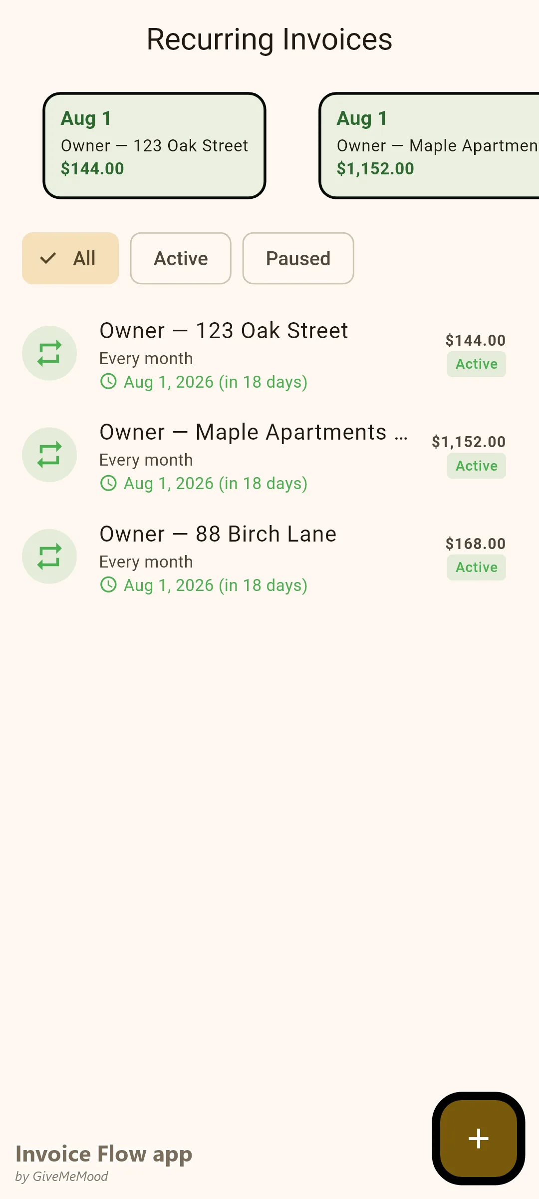Invoice Flow app recurring invoices of a property manager — monthly 8%-of-rent management fees generating automatically for each managed property