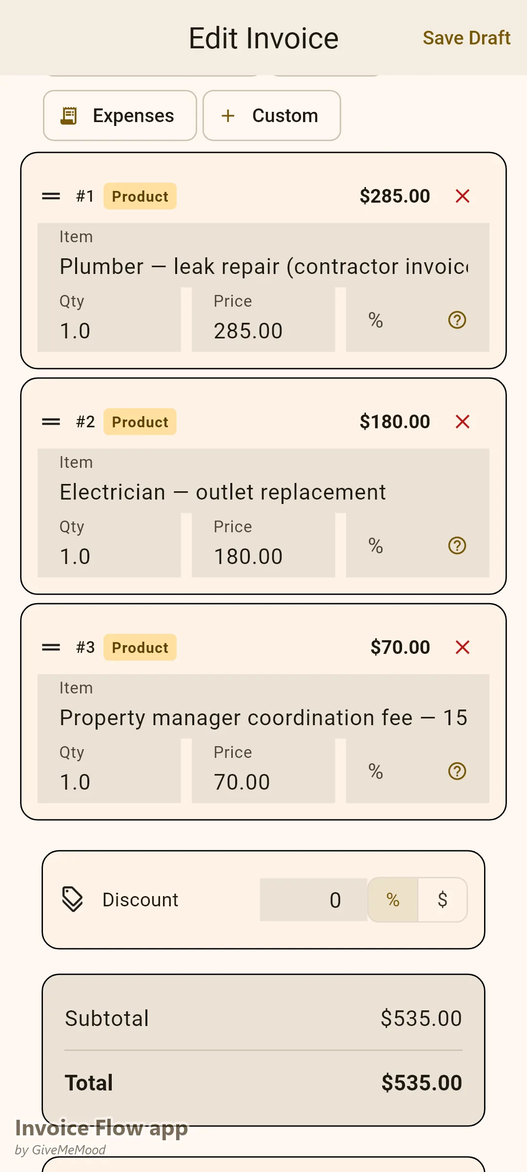 Invoice Flow app invoice editor of a property manager — a plumber and electrician repair passed through to the owner with a 15% coordination fee as a separate line and property and work-order references in custom fields