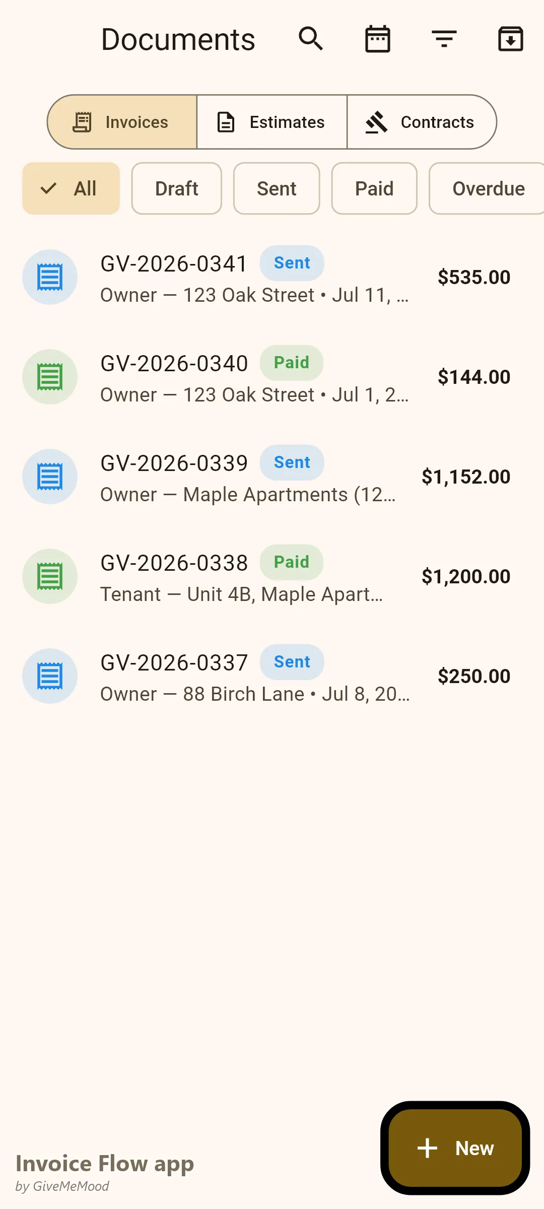 Invoice Flow app documents of a property manager — monthly management fees, a maintenance pass-through, a tenant rent receipt and a lease-renewal admin fee