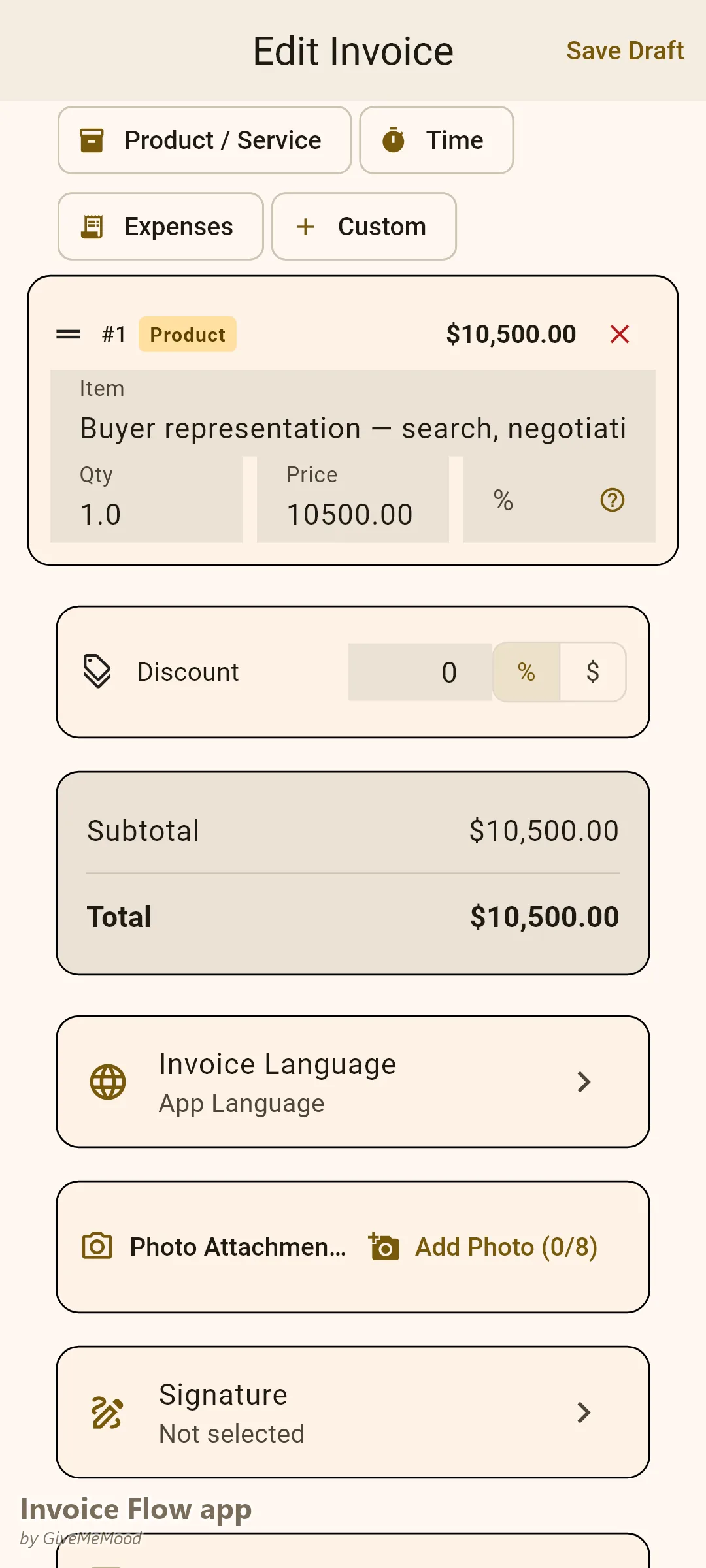 Invoice Flow app invoice editor of a real estate agent — a buyer-representation fee at 2.5% of the purchase price with property, purchase price, license number and closing date in custom fields