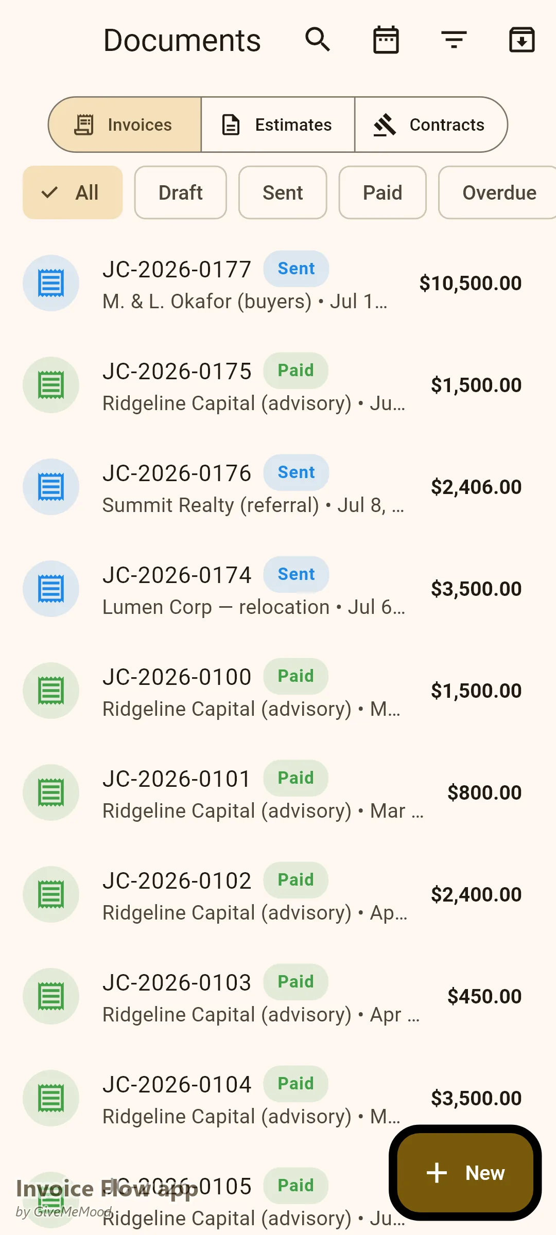 Invoice Flow app documents of a real estate agent — a buyer-representation fee, a market-analysis consulting fee, an inter-agency referral fee and a corporate relocation invoice