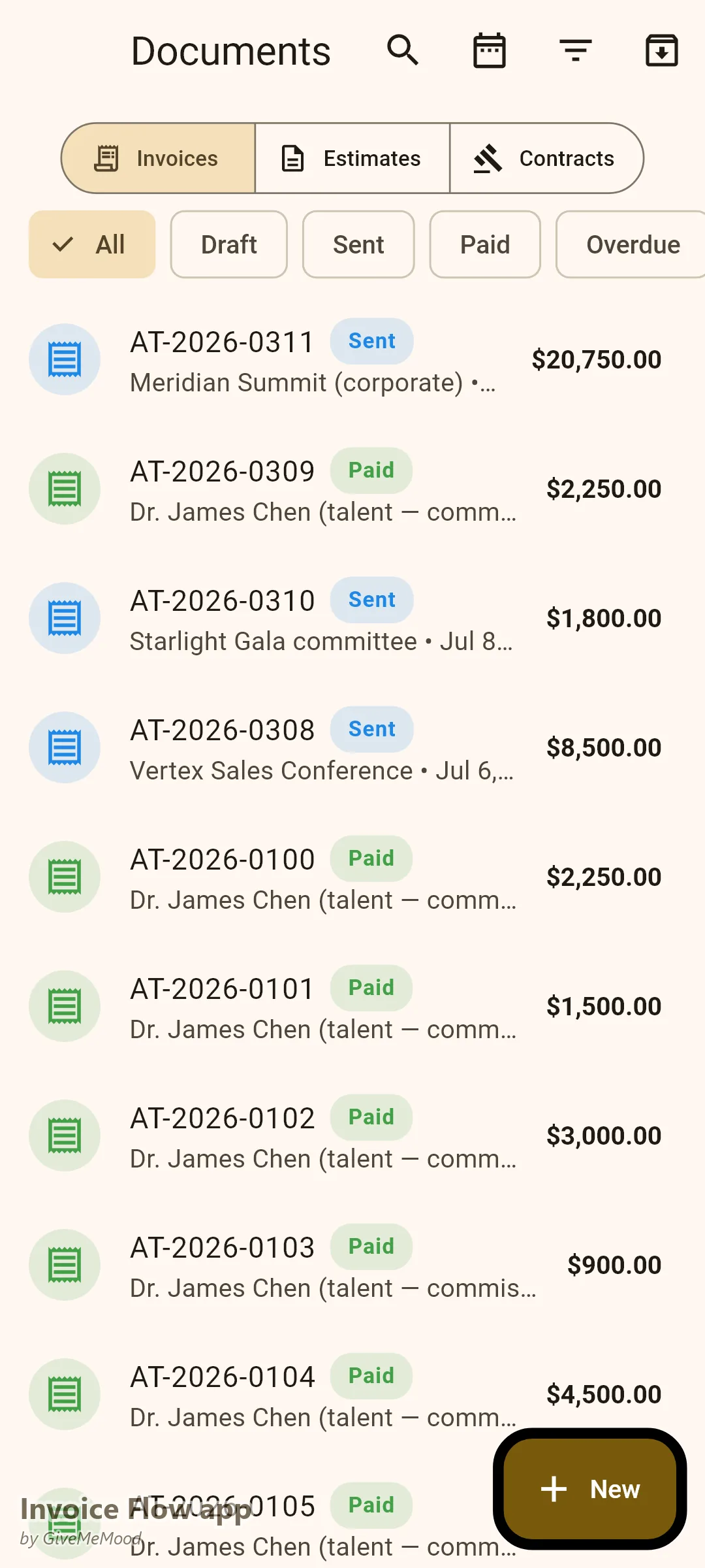 Invoice Flow app documents of an entertainment agency — a talent booking invoice, an agency commission invoice, a booking deposit and a corporate band booking
