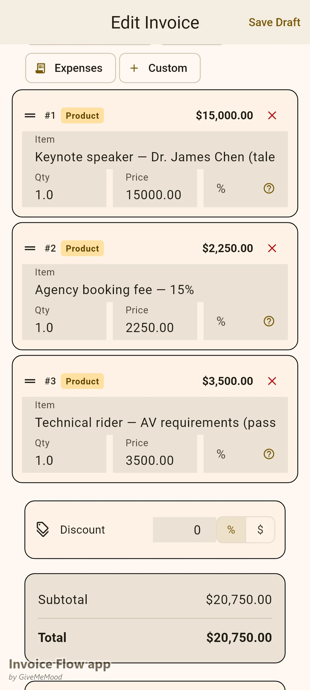 Invoice Flow app invoice editor of an entertainment agency — a keynote-speaker talent fee, a 15% agency booking fee and a technical-rider pass-through as separate line items with talent, event and reference in custom fields