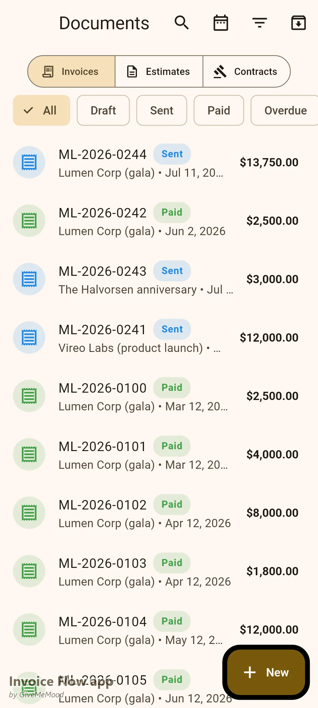 Invoice Flow app documents of an event planner — an engagement deposit, a phase-1 planning fee, a vendor pass-through and a corporate product-launch invoice