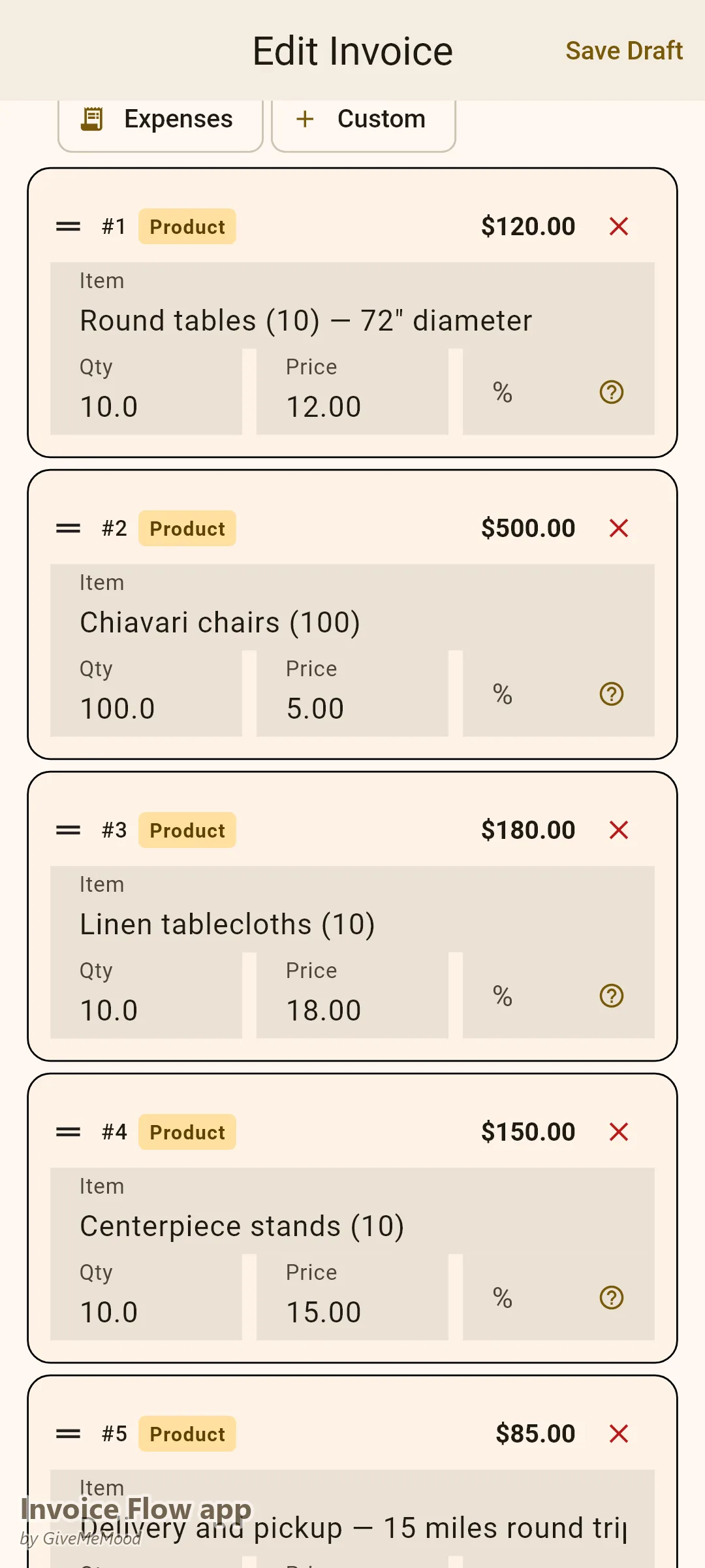 Invoice Flow app invoice editor of a party rental company — round tables, chiavari chairs, linens and centerpiece stands with delivery, pickup and setup lines and event date and delivery address in custom fields