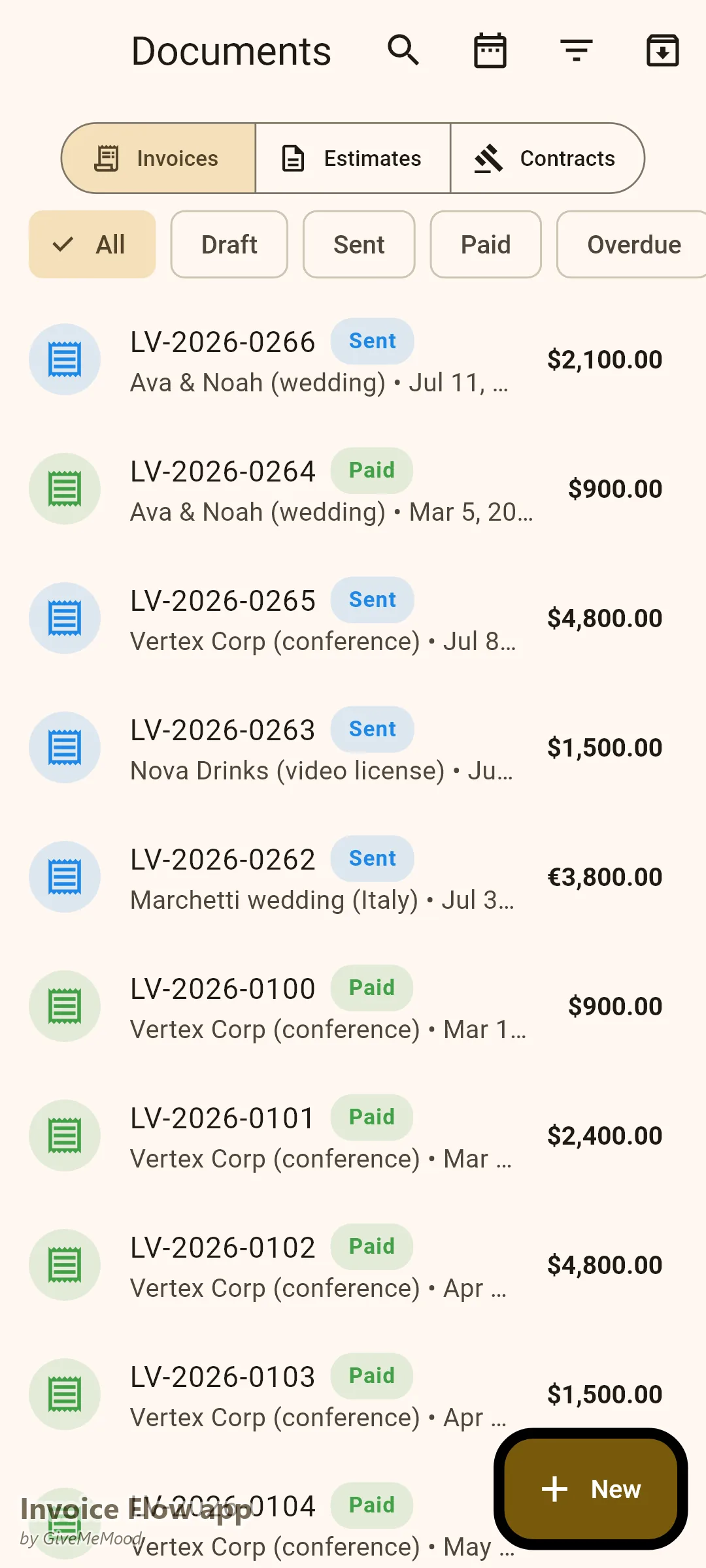 Invoice Flow app documents of an event photographer — a booking deposit, a corporate conference shoot, a video licensing fee and a EUR destination wedding
