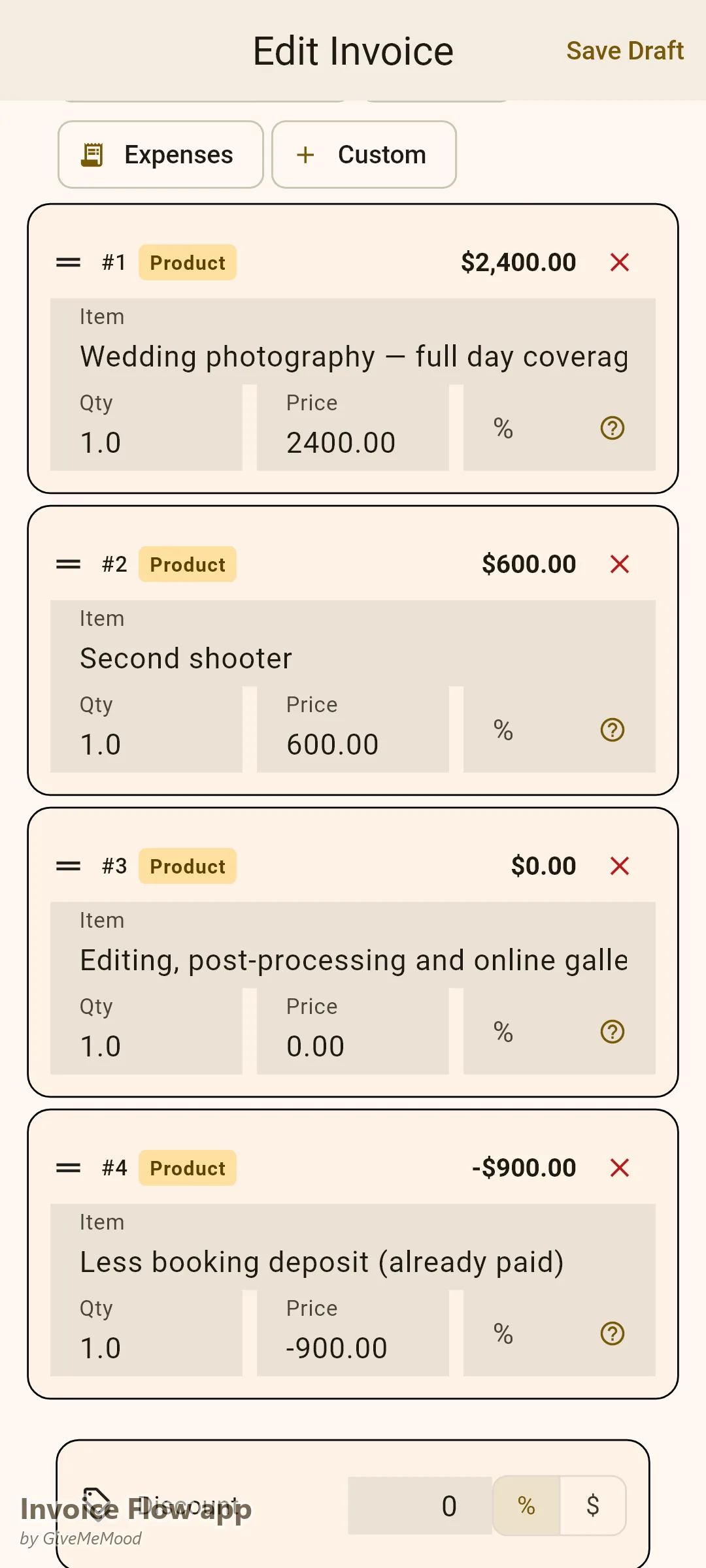 Invoice Flow app invoice editor of an event photographer — full-day wedding coverage with a second shooter and included editing and the booking deposit deducted as a negative line, with event, date and venue in custom fields
