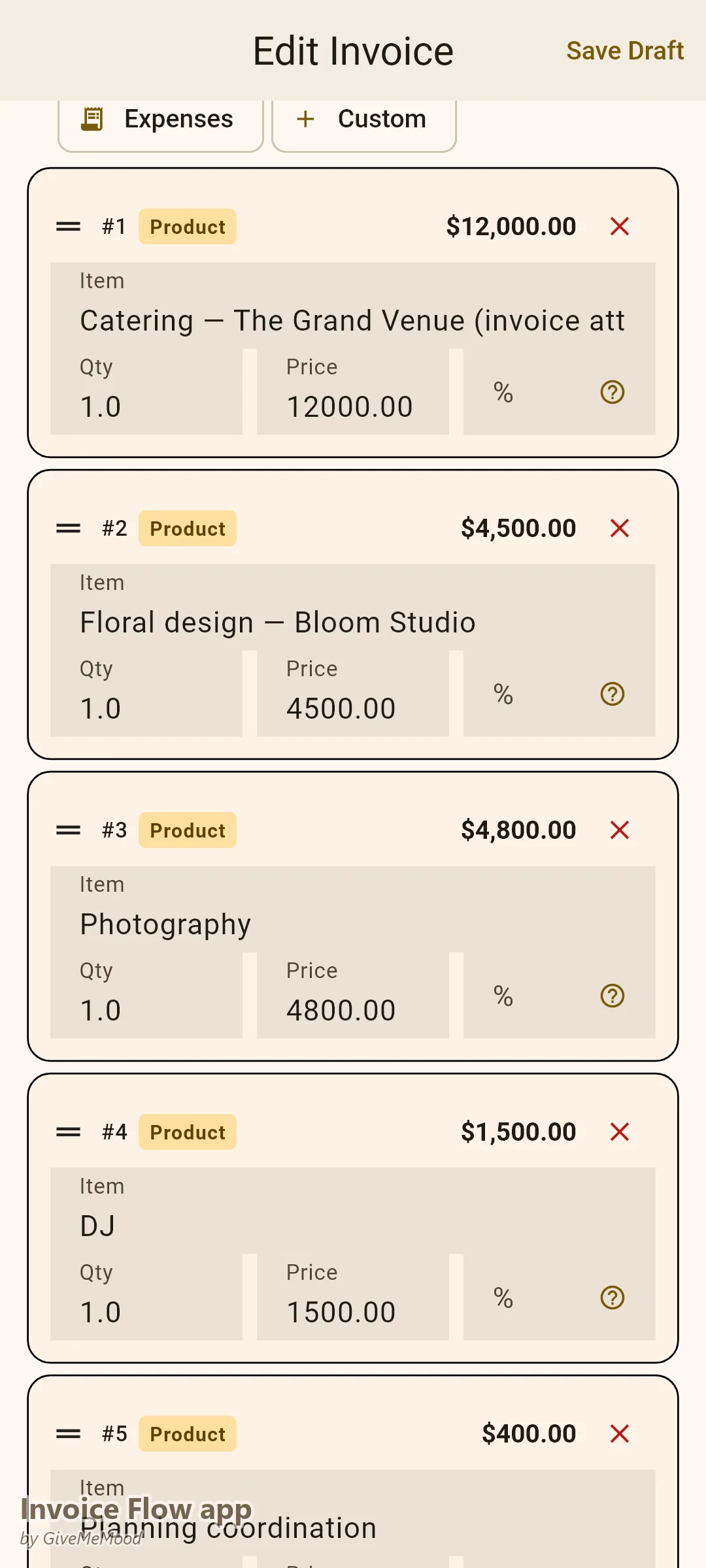 Invoice Flow app invoice editor of a wedding planner — catering, floral, photography and DJ vendor costs consolidated with a planning coordination line and couple, wedding date and venue in custom fields