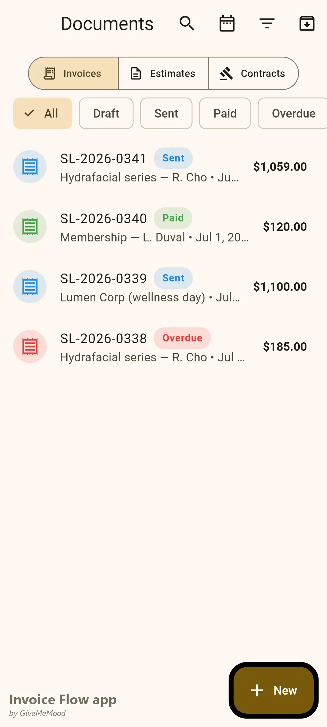 Invoice Flow app documents of an esthetician — a treatment package, a monthly membership, a corporate wellness event and an HSA-friendly medical peel receipt