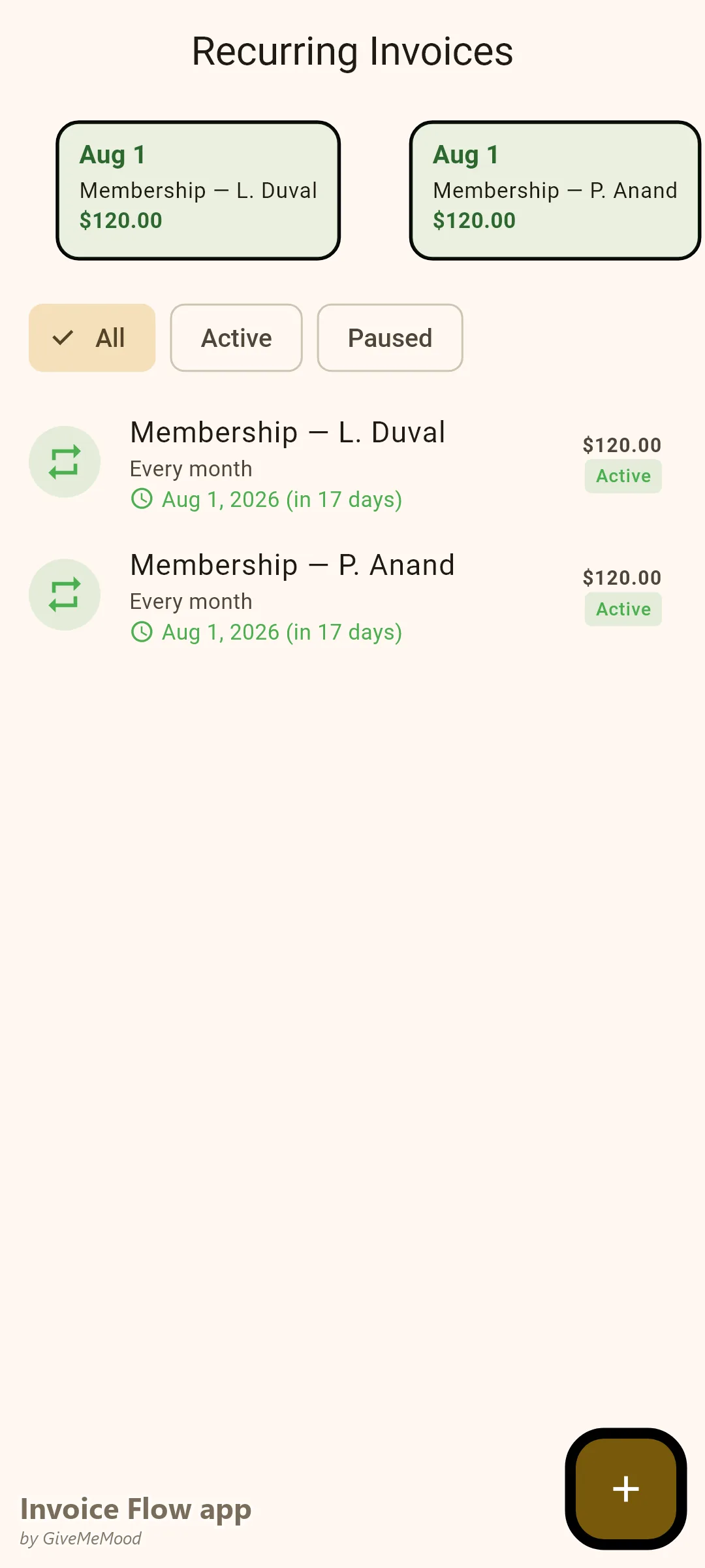 Invoice Flow app recurring invoices of an esthetician — monthly facial memberships generating automatically for a recurring revenue base
