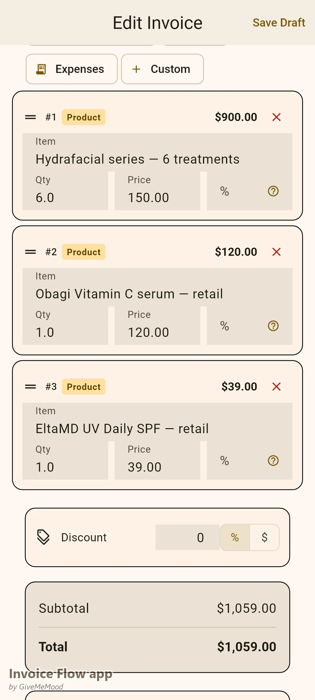 Invoice Flow app invoice editor of an esthetician — a 6-treatment Hydrafacial series billed upfront with retail serum and SPF lines and skin concern in custom fields