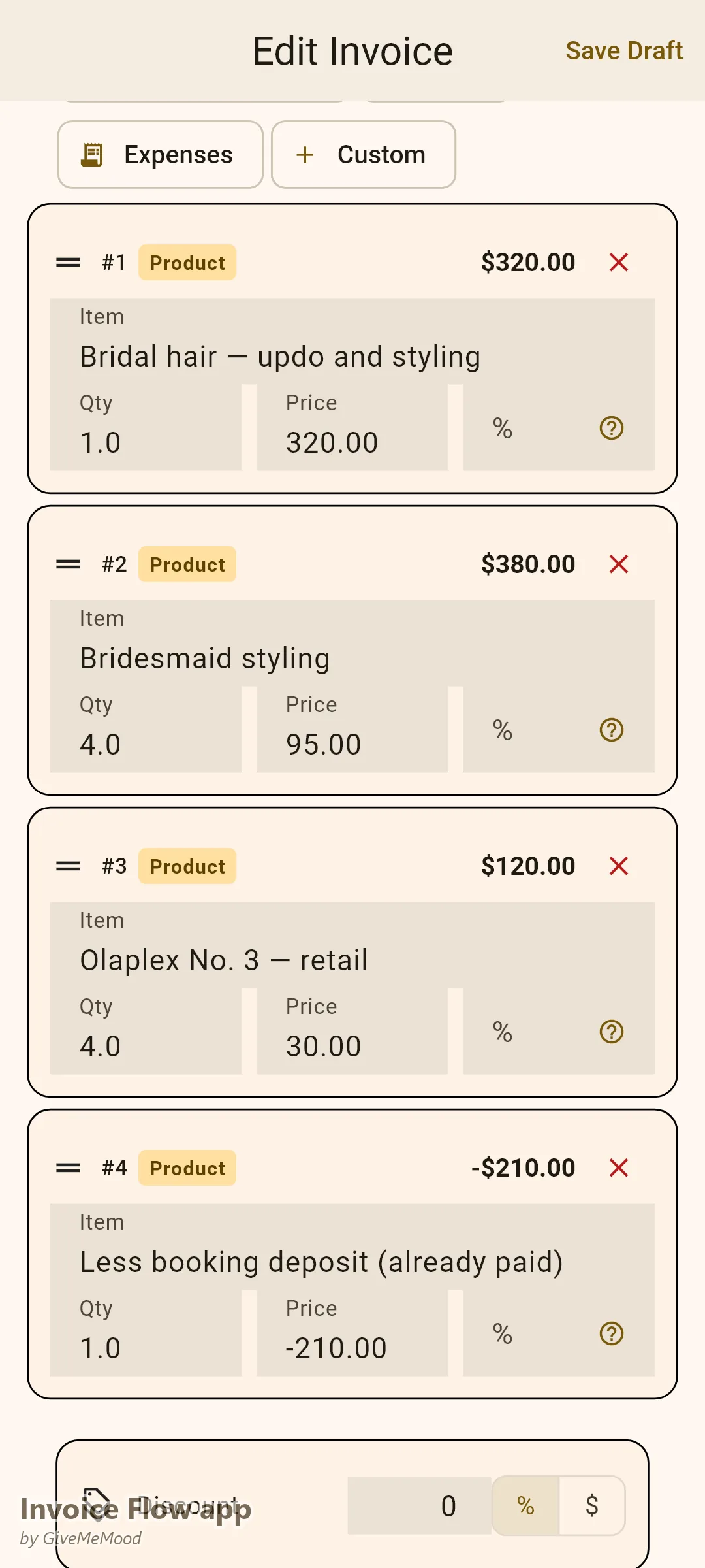 Invoice Flow app invoice editor of a hairstylist — bridal updo and bridesmaid styling with a retail product line and the booking deposit deducted, event and date in custom fields