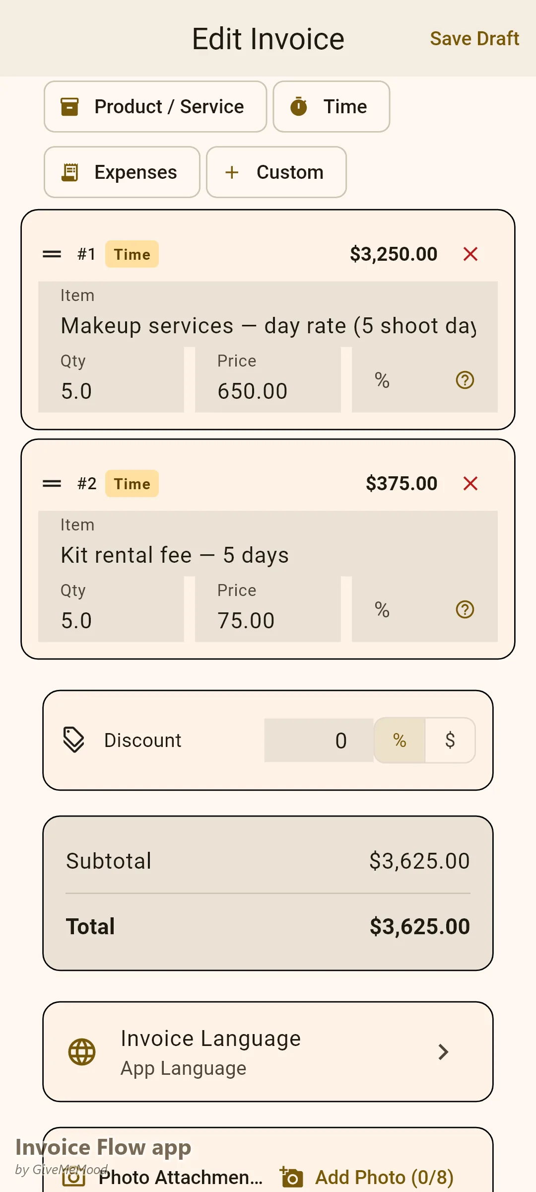 Invoice Flow app invoice editor of a makeup artist — five shoot days at a day rate with a kit rental line and production PO, manager and shoot-day count in custom fields