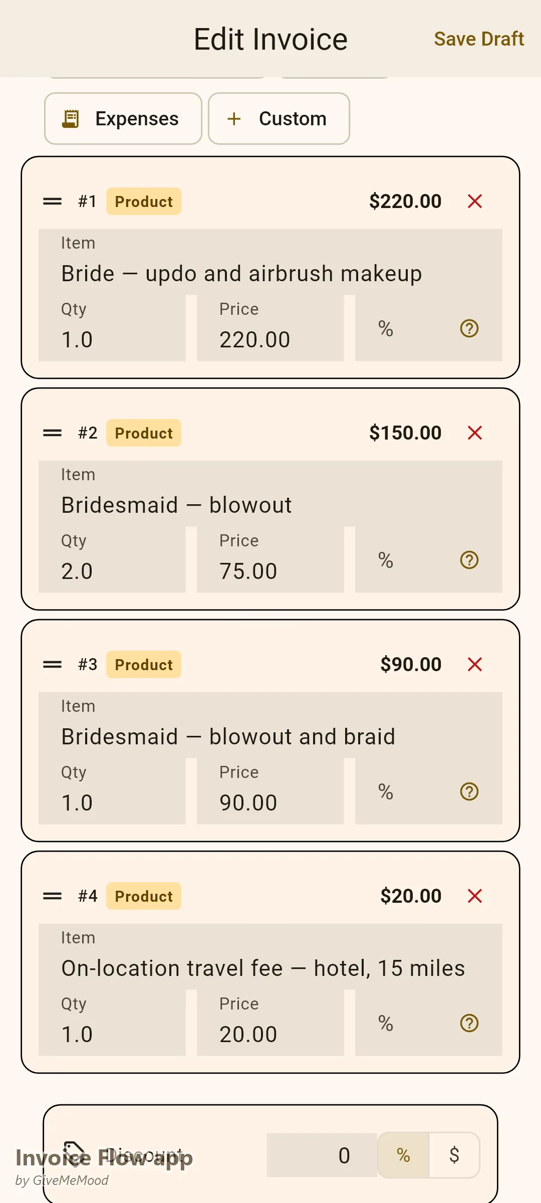 Invoice Flow app invoice editor of a mobile beauty professional — a bridal-morning group with bride and bridesmaid services and an on-location travel fee line, event and location in custom fields