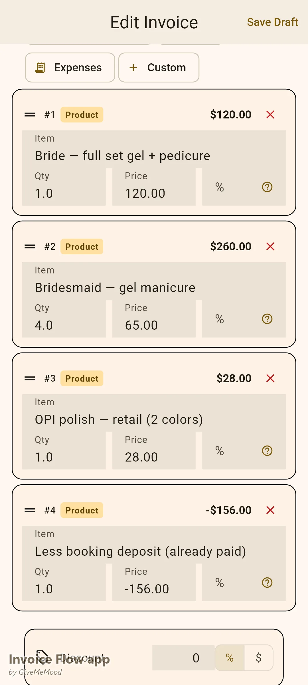 Invoice Flow app invoice editor of a nail technician — a bride's full set and pedicure with bridesmaid gel manicures, a retail polish line and the booking deposit deducted, event and date in custom fields