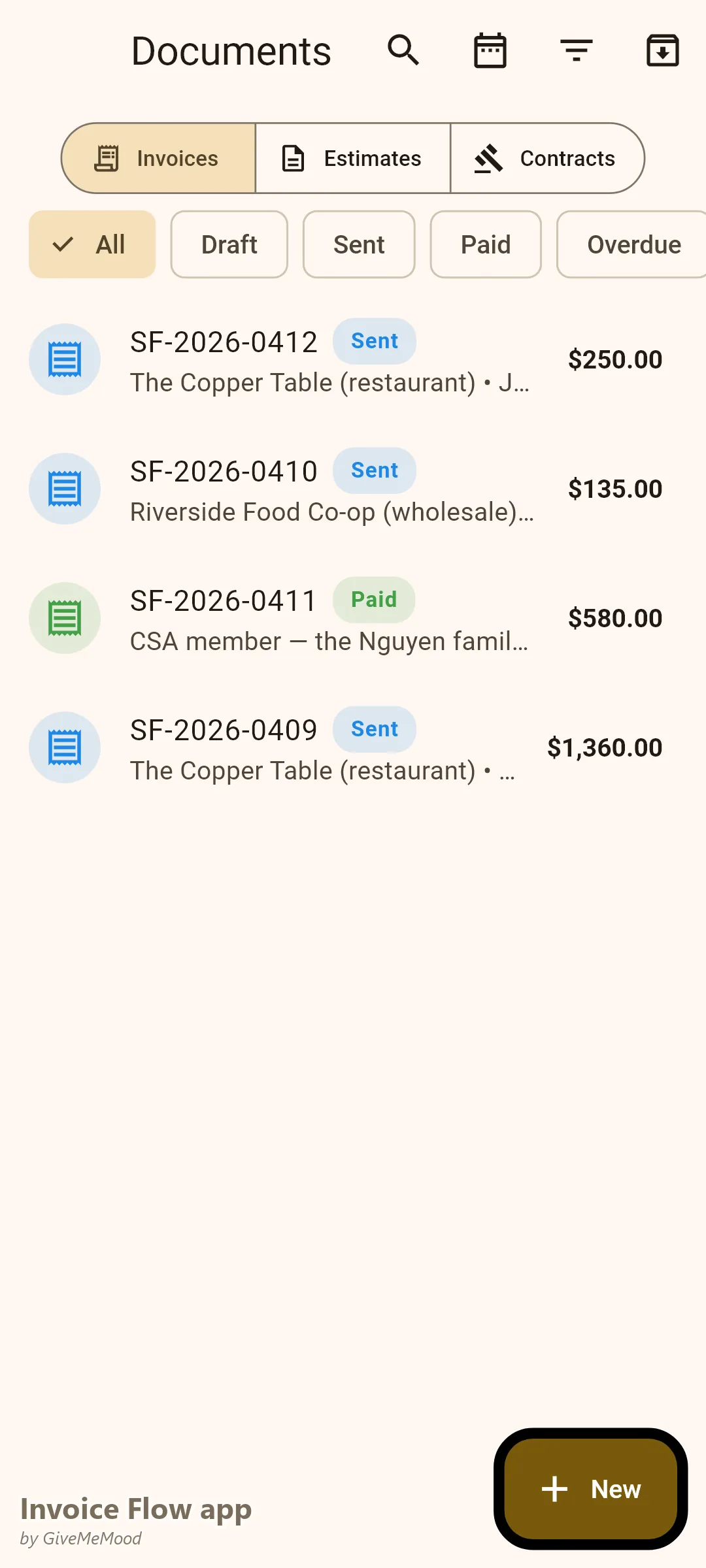 Invoice Flow app documents of a direct-sale farmer — a restaurant delivery, a co-op wholesale order, a CSA season prepayment and a custom half-beef processing order