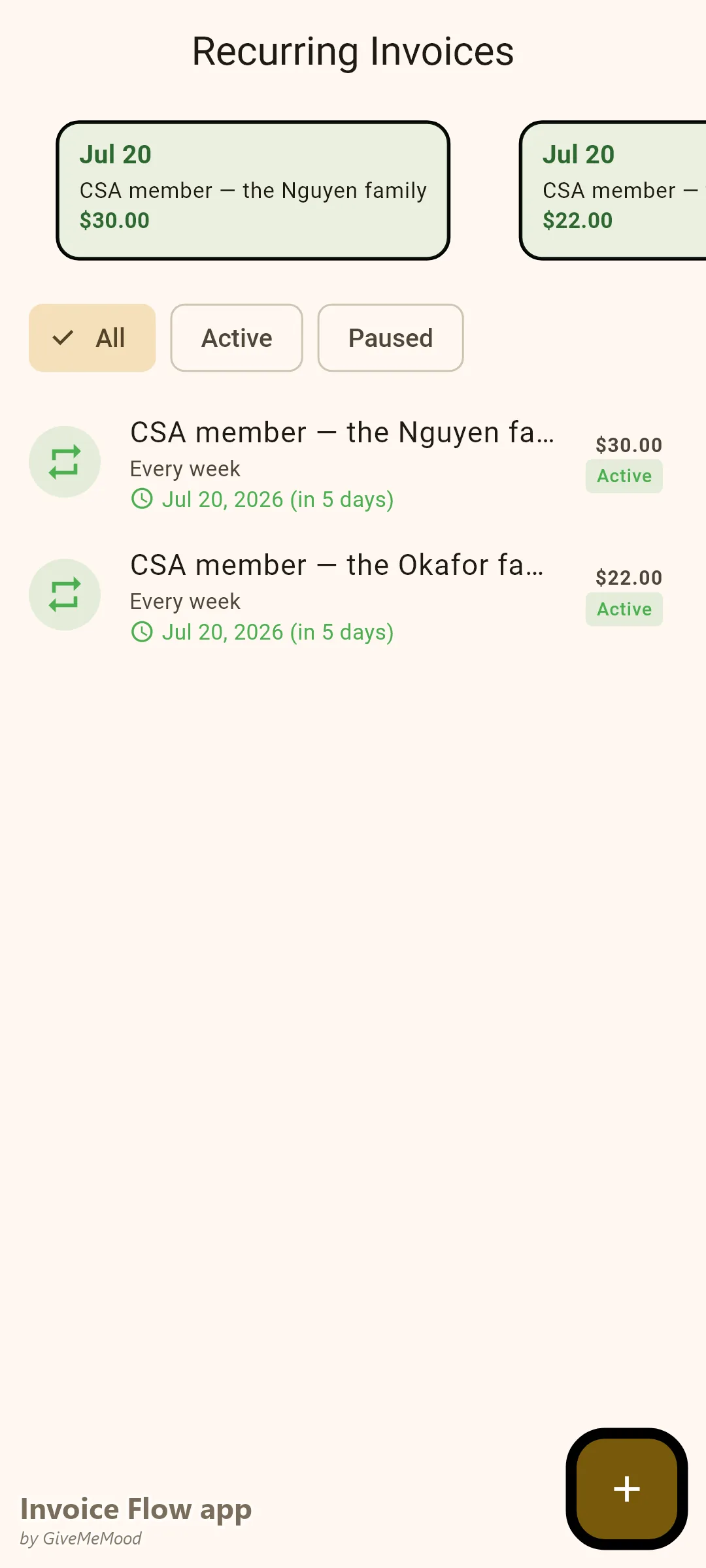 Invoice Flow app recurring invoices of a direct-sale farmer — weekly CSA full and half shares generating automatically for subscribers
