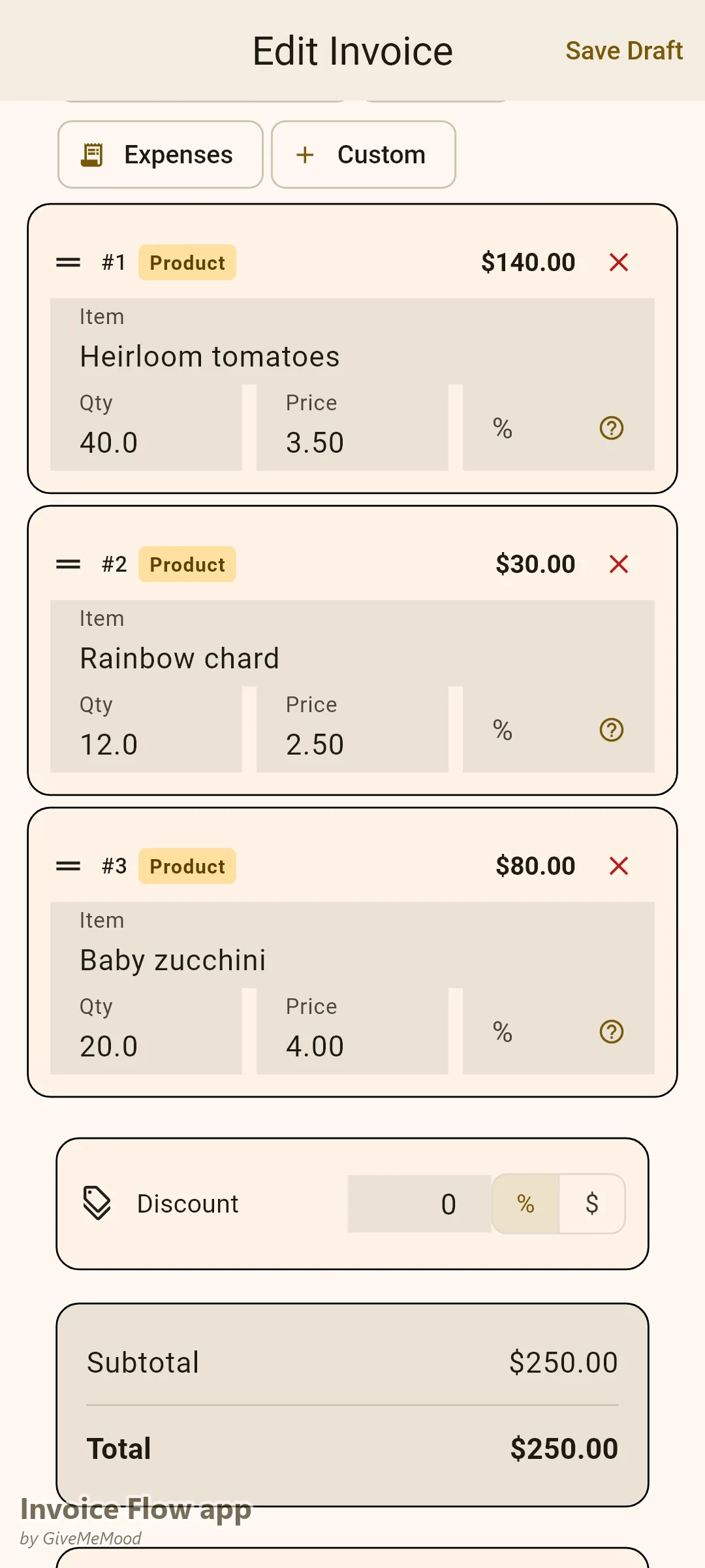 Invoice Flow app invoice editor of a direct-sale farmer — heirloom tomatoes, chard and zucchini billed by weight for a restaurant account with PO and harvest date in custom fields