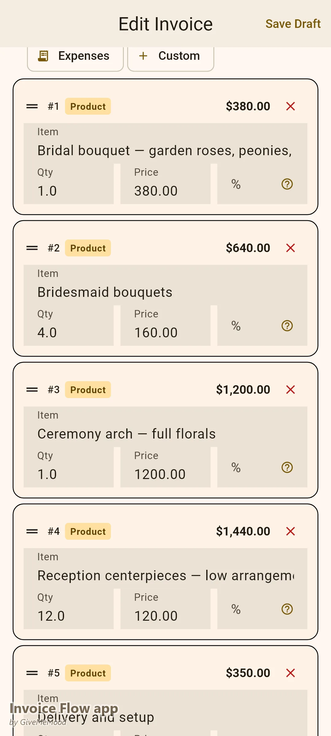 Invoice Flow app invoice editor of a florist — a wedding with bridal bouquet, bridesmaid bouquets, ceremony arch, centerpieces and delivery itemized with venue and deposit in custom fields