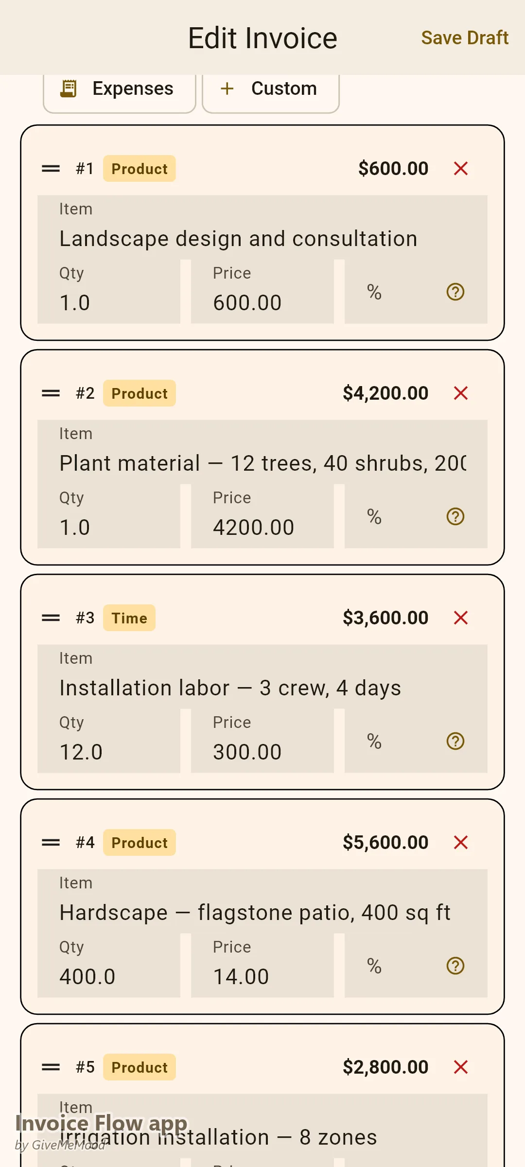 Invoice Flow app invoice editor of a landscaping company — design, plant material, labor, flagstone hardscape, irrigation and mulch itemized on one installation project with property in custom fields
