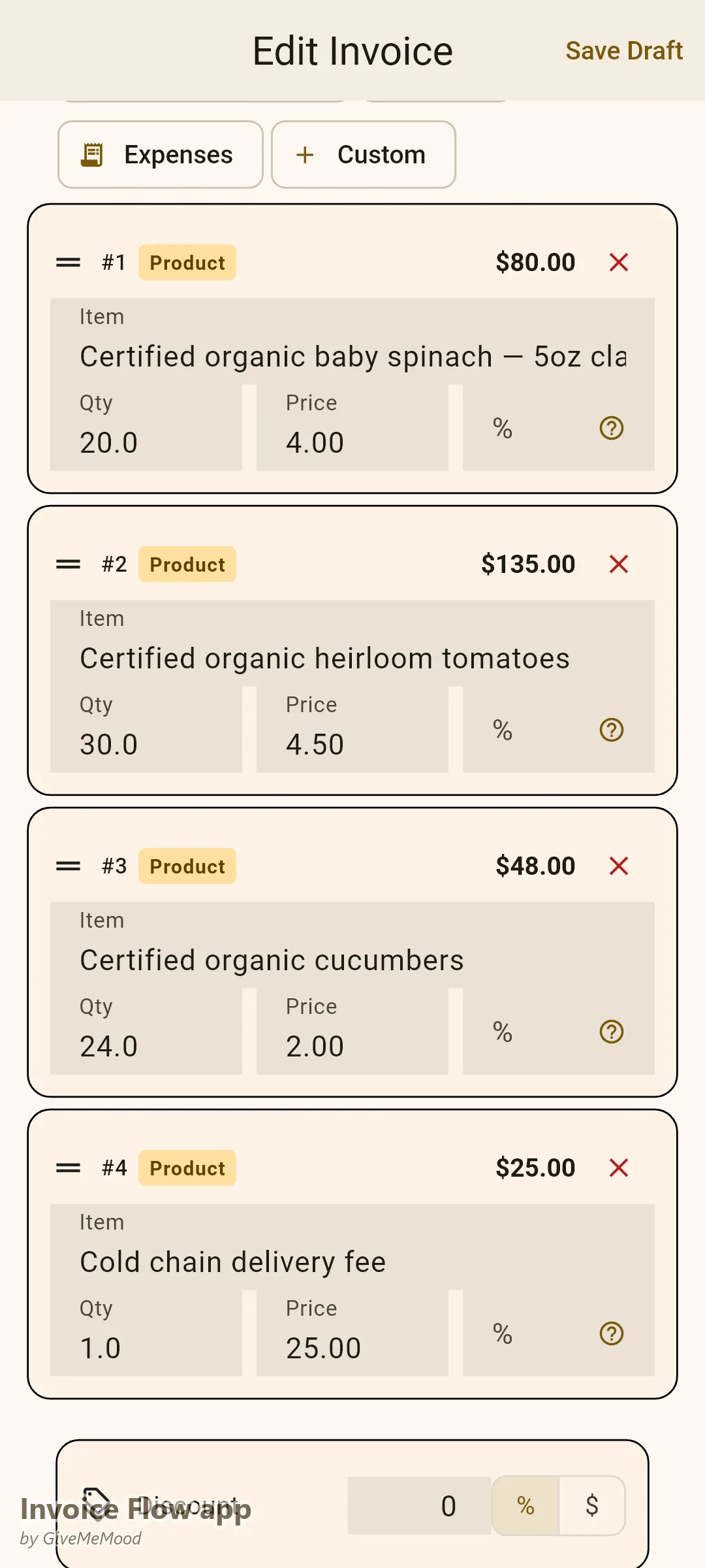 Invoice Flow app invoice editor of an organic produce grower — certified organic spinach, tomatoes and cucumbers with a cold-chain fee and PO, vendor and USDA certification number in custom fields