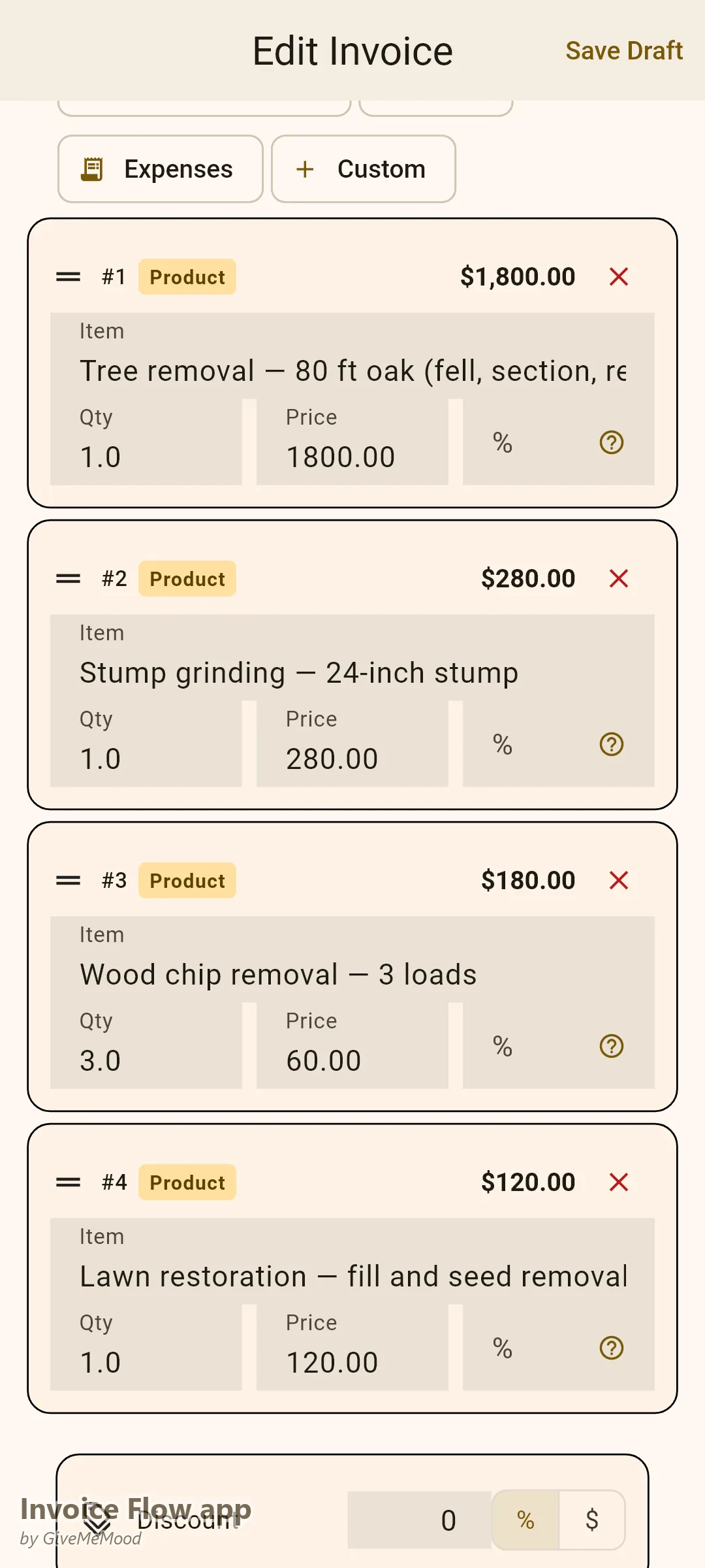 Invoice Flow app invoice editor of a tree service — an oak removal with stump grinding, wood-chip removal and lawn restoration each on its own line with species and work order in custom fields